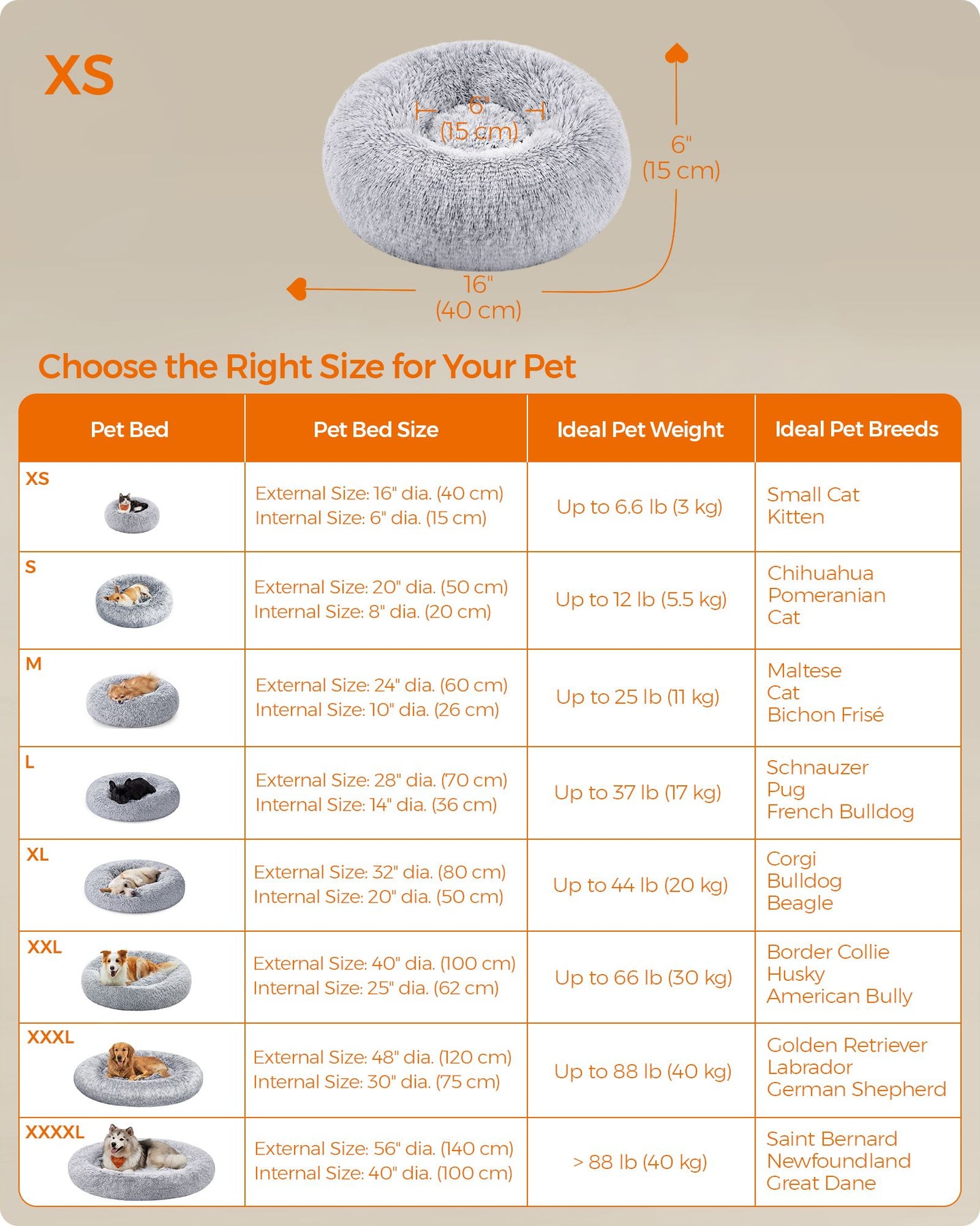 Round Dog and Cat Bed - 50 cm - Dove Grey - Soft Plush