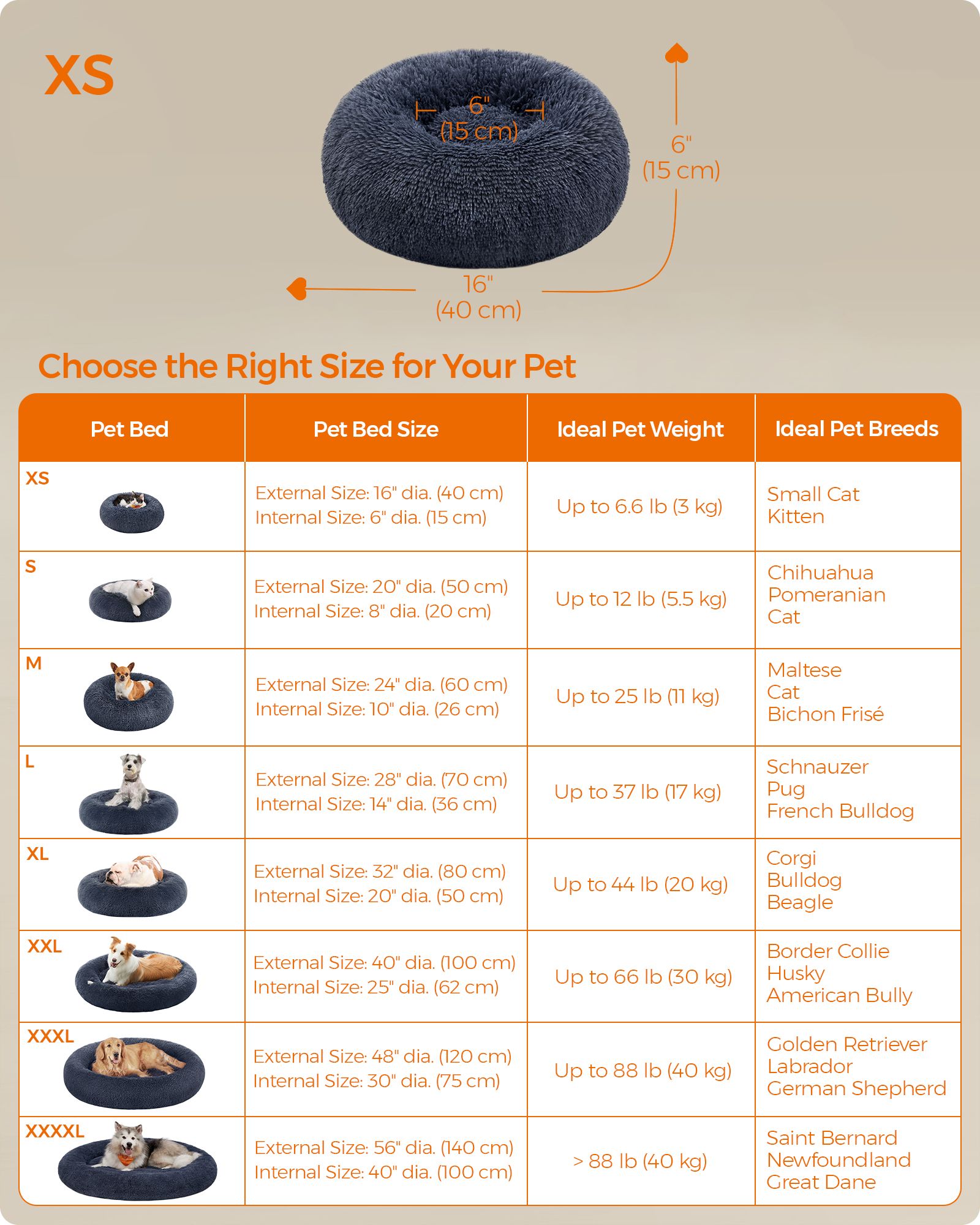 Dog Bed - Round Design, 50 cm - Dark Grey - Soft Plush