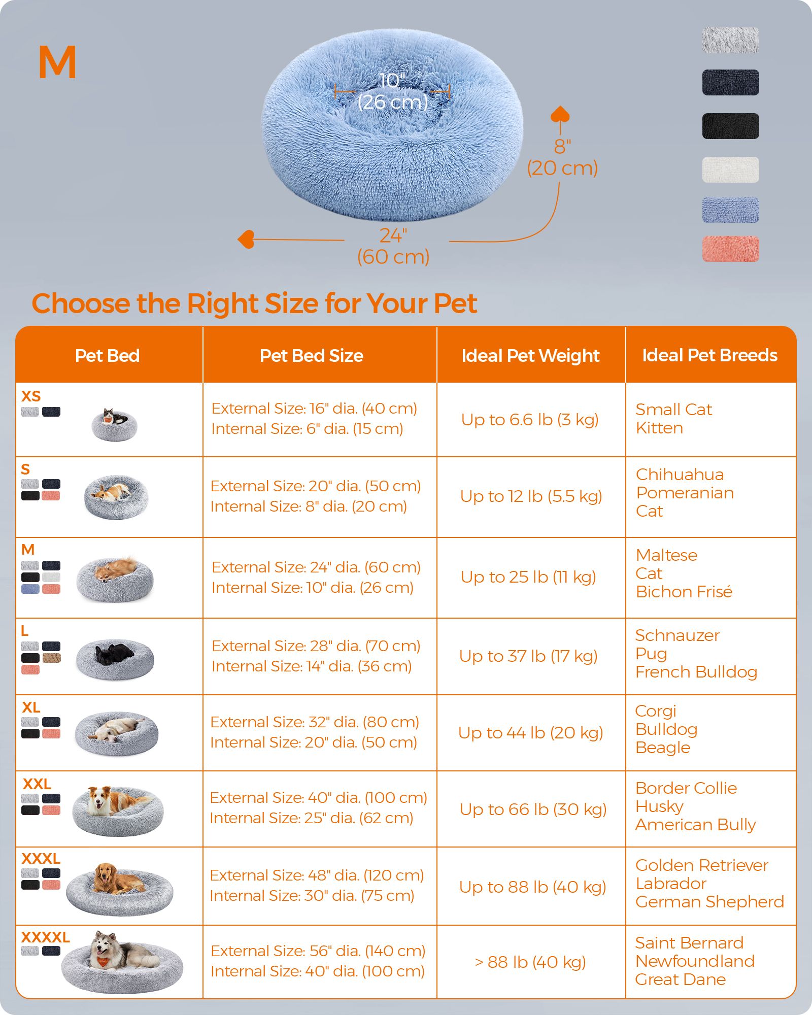 Dog Bed - 60 cm Diameter - Pale Blue - Soft Plush
