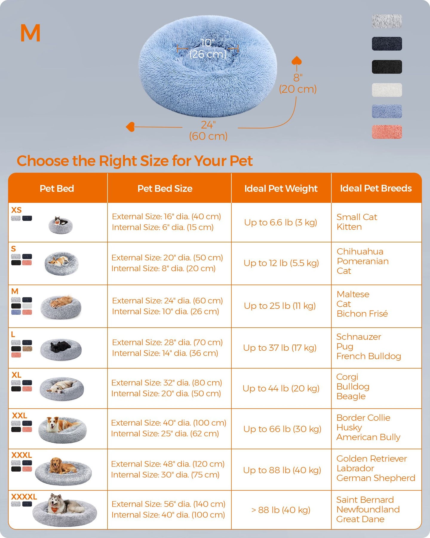 Dog Bed - 60 cm Diameter - Pale Blue - Soft Plush