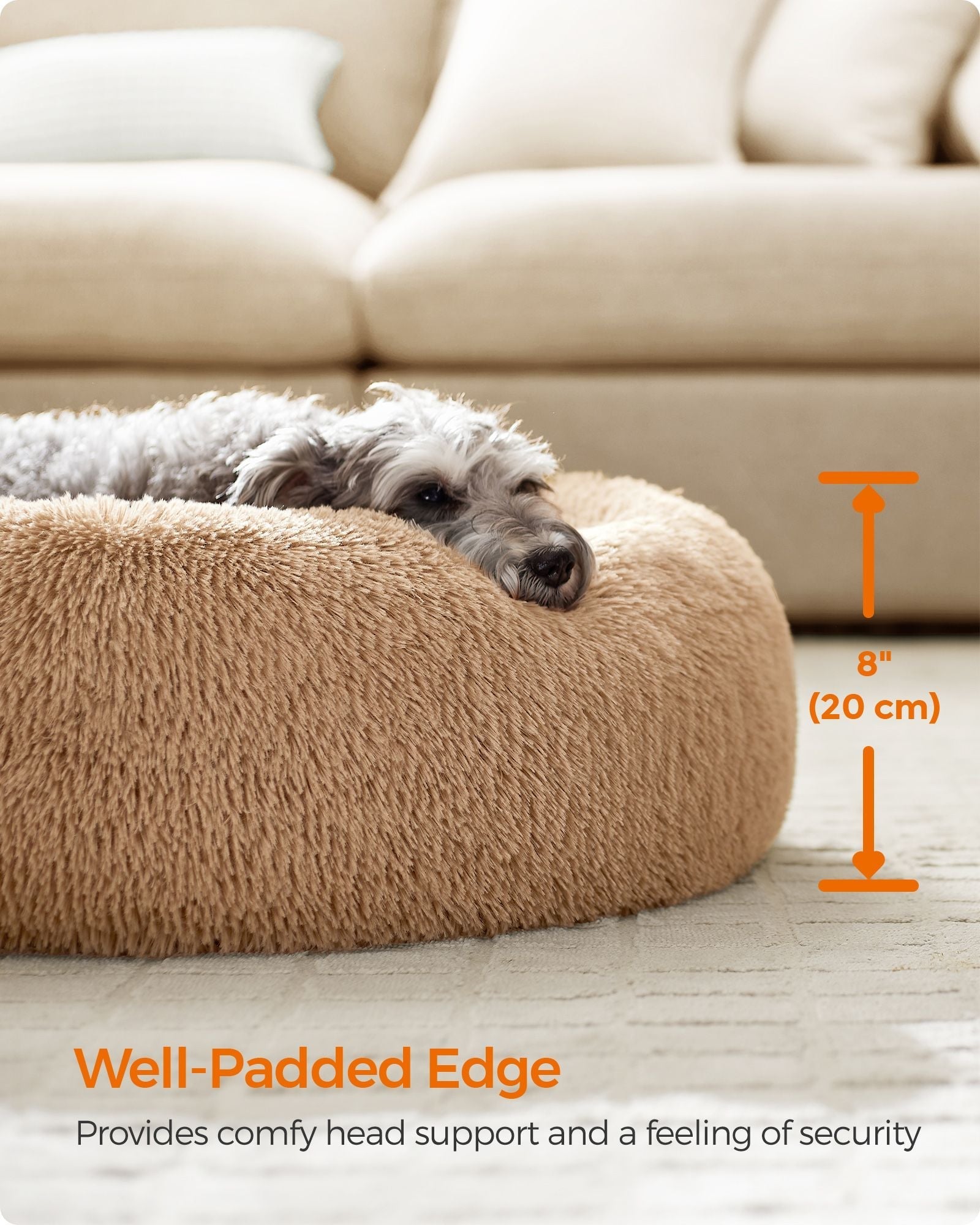 Fluffy Dog Bed - 70 cm Diameter - Camel Brown - Soft Plush