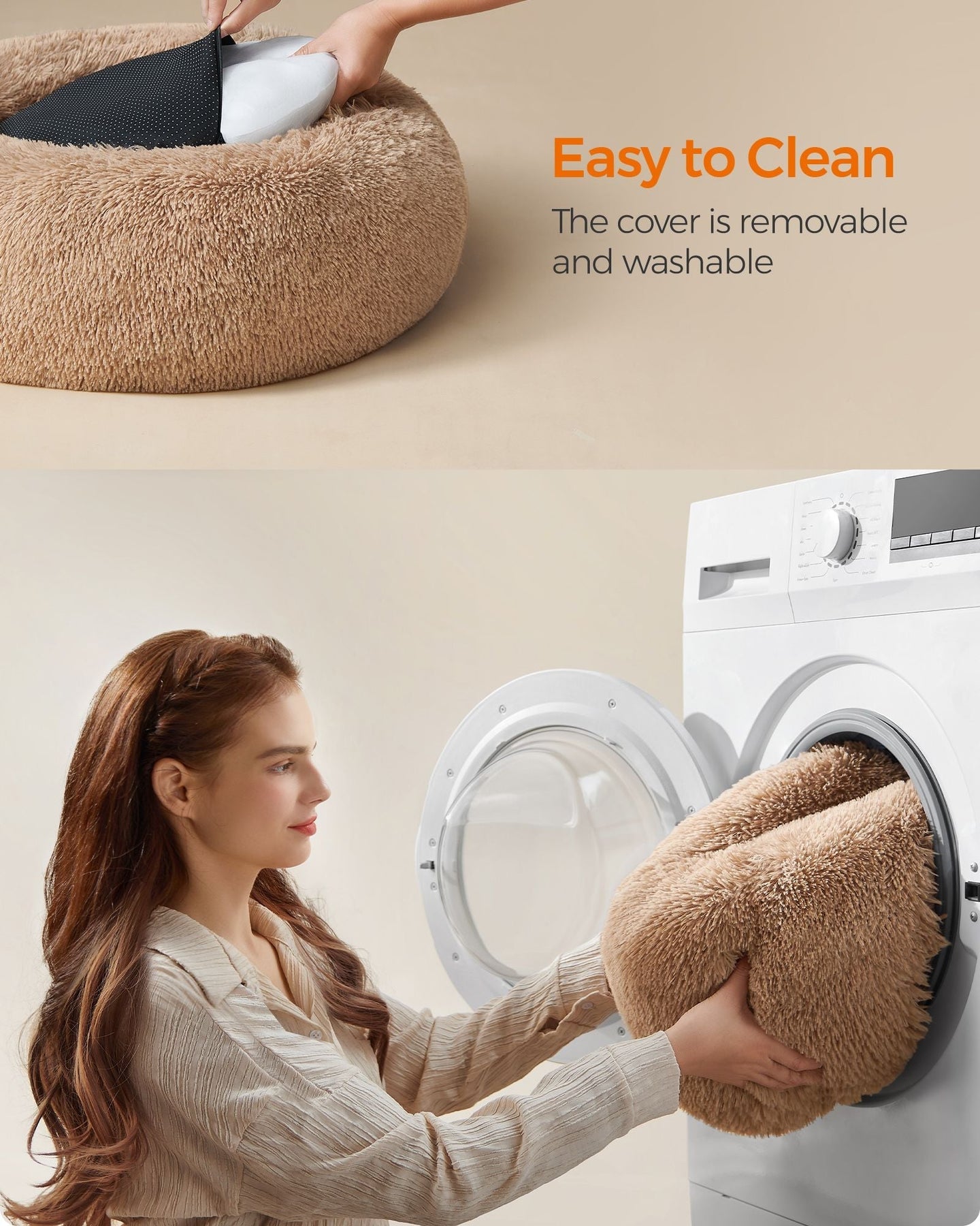 Fluffy Dog Bed - 70 cm Diameter - Camel Brown - Soft Plush
