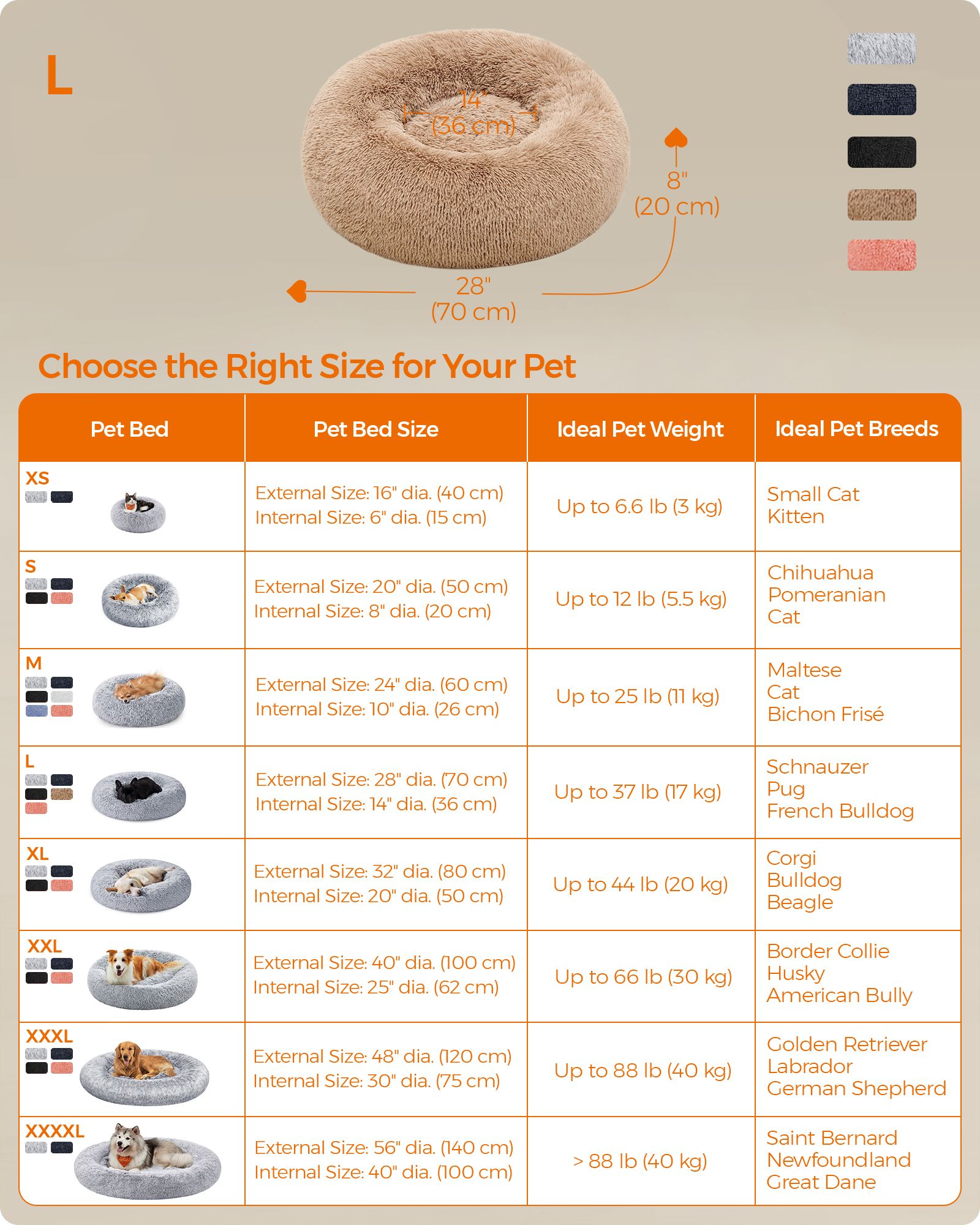Fluffy Dog Bed - 70 cm Diameter - Camel Brown - Soft Plush