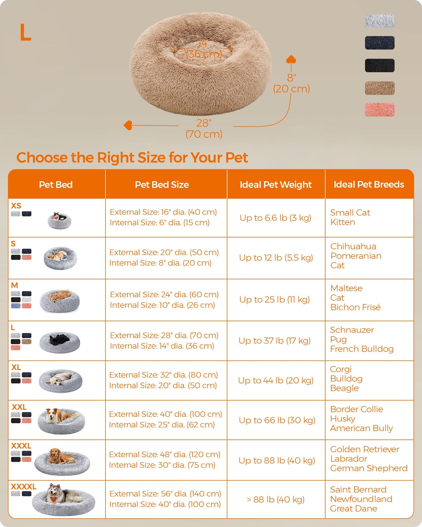 Fluffy Dog Bed - 70 cm Diameter - Camel Brown - Soft Plush