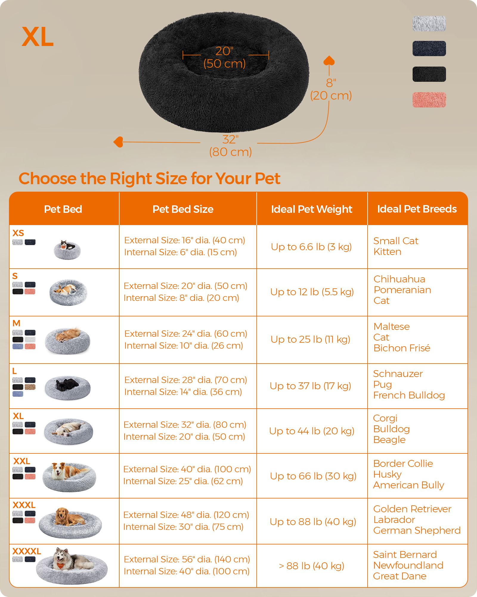 Fluffy Dog and Cat Bed - 80 cm Diameter - Ink Black - Soft Plush