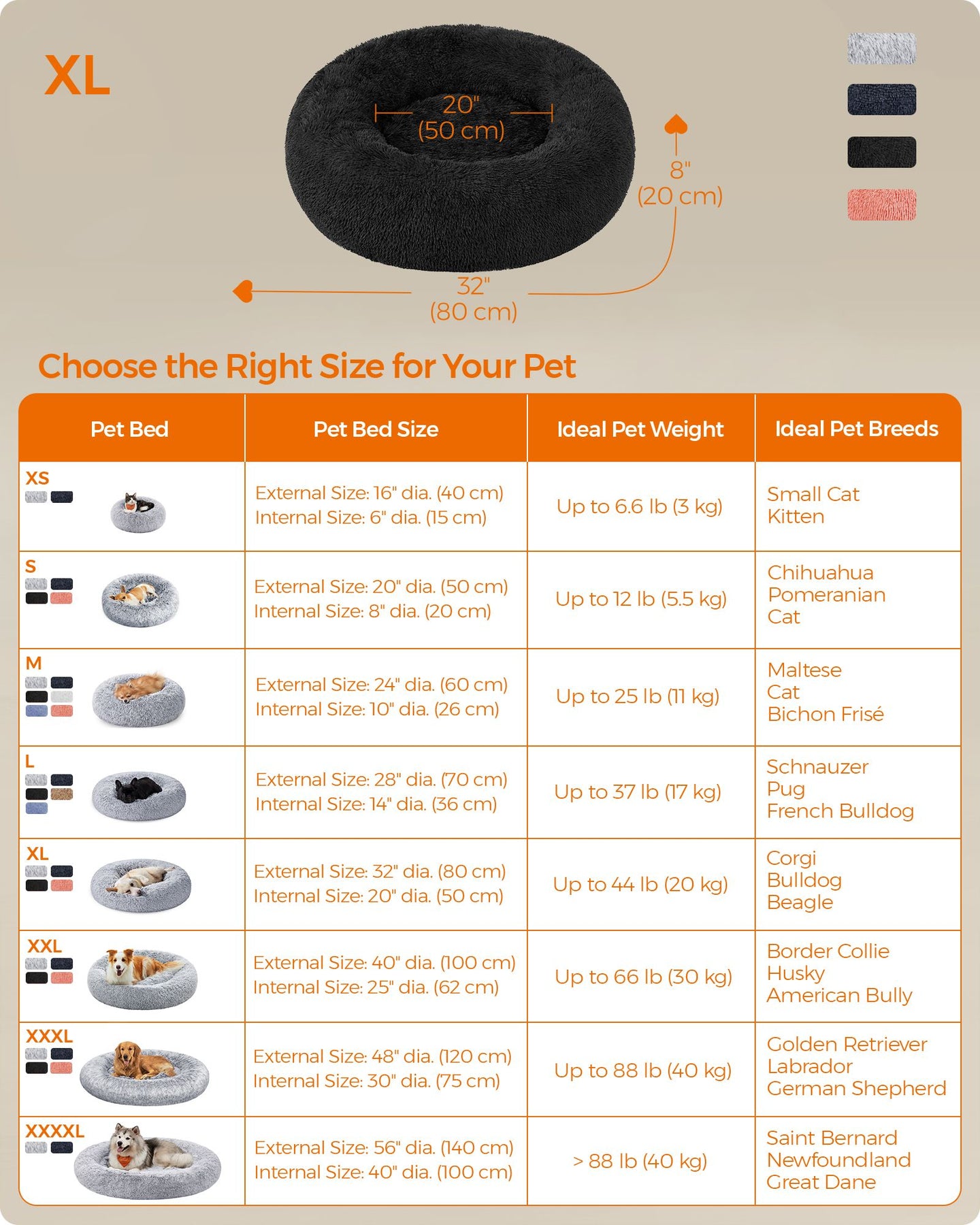 Fluffy Dog and Cat Bed - 80 cm Diameter - Ink Black - Soft Plush