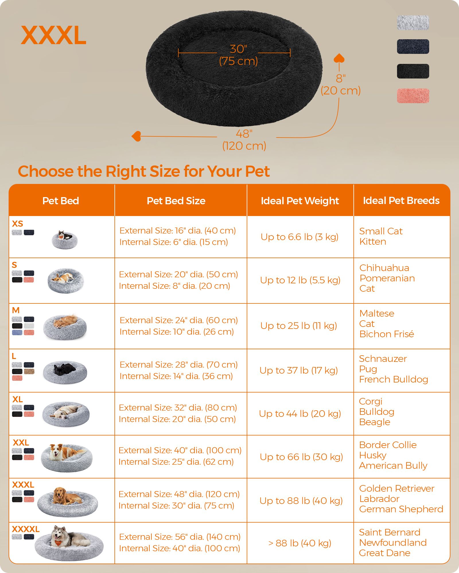 Fluffy Dog Bed - 120 cm Diameter - Ink Black - Soft Plush