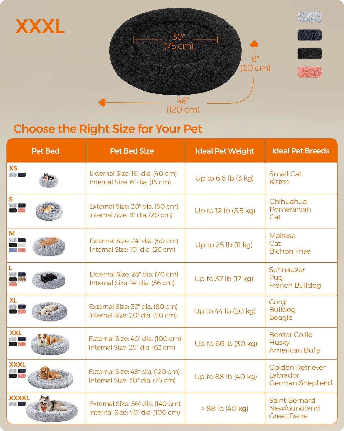 Fluffy Dog Bed - 120 cm Diameter - Ink Black - Soft Plush