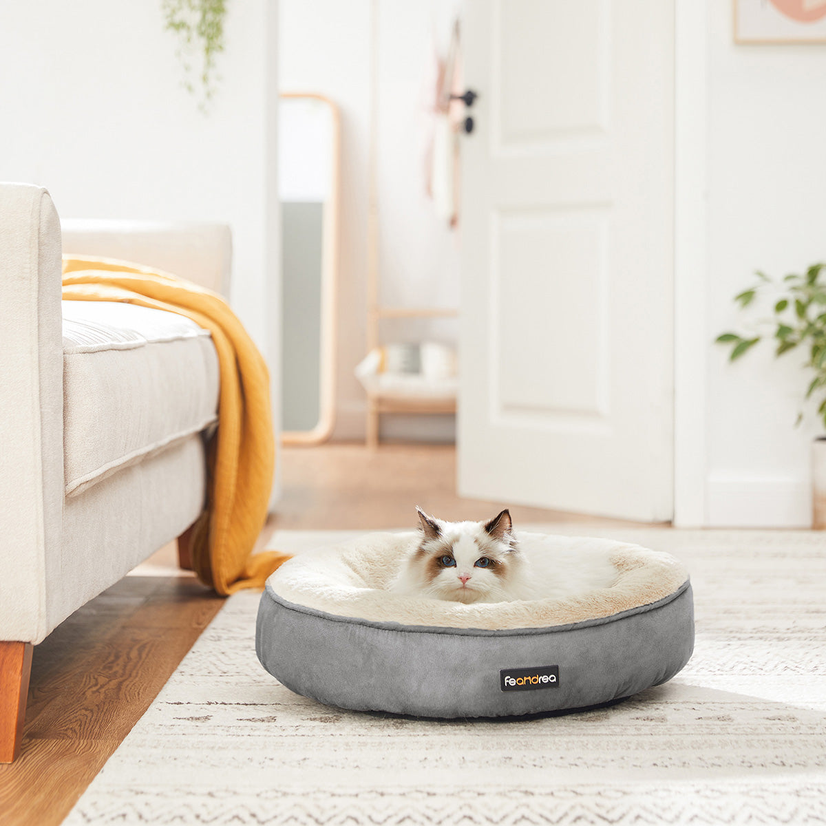 Round Dog Cushion - Fabric - Grey and White - Washable