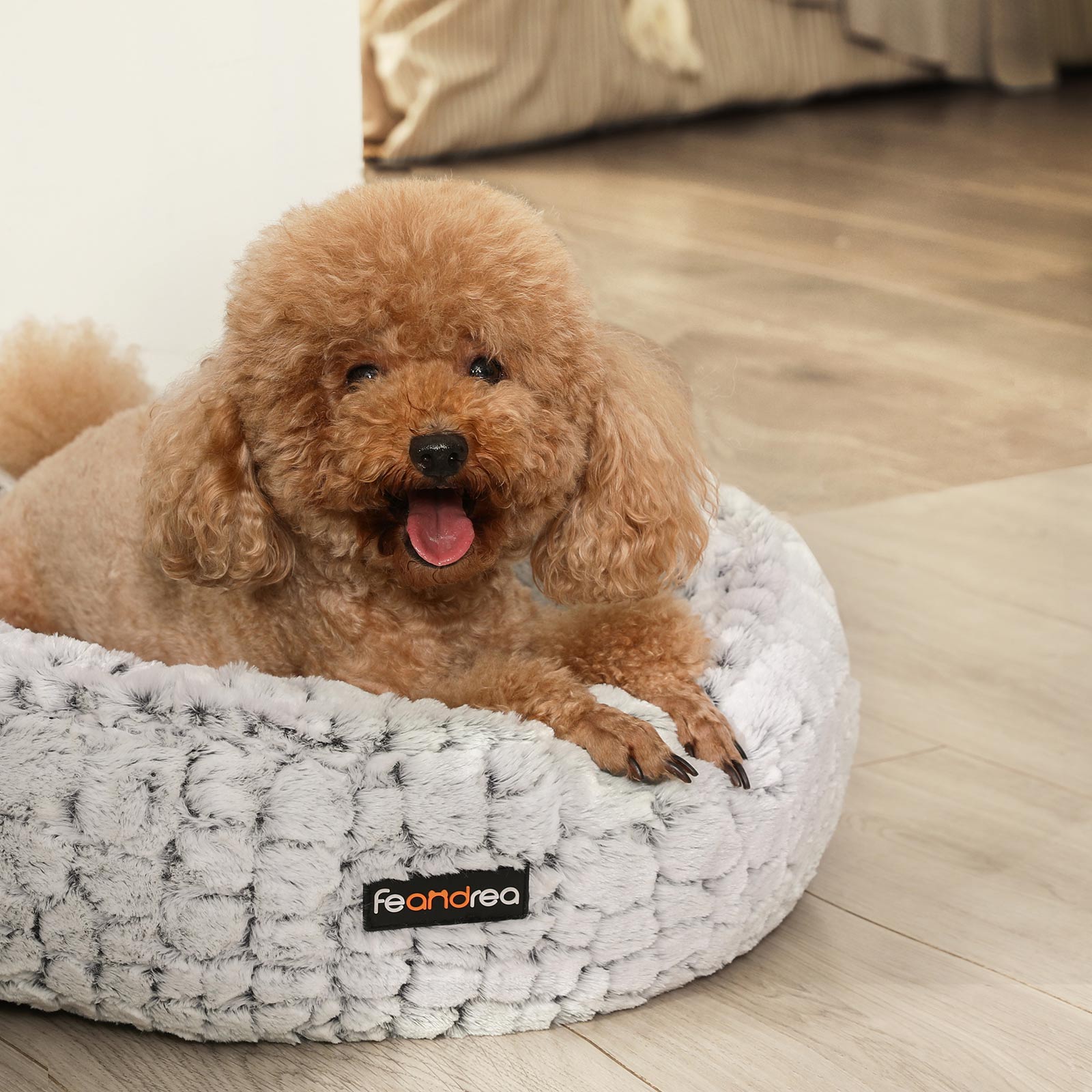 Round Plush Dog Bed - Fabric - Grey - Washable with Non-Slip Bottom