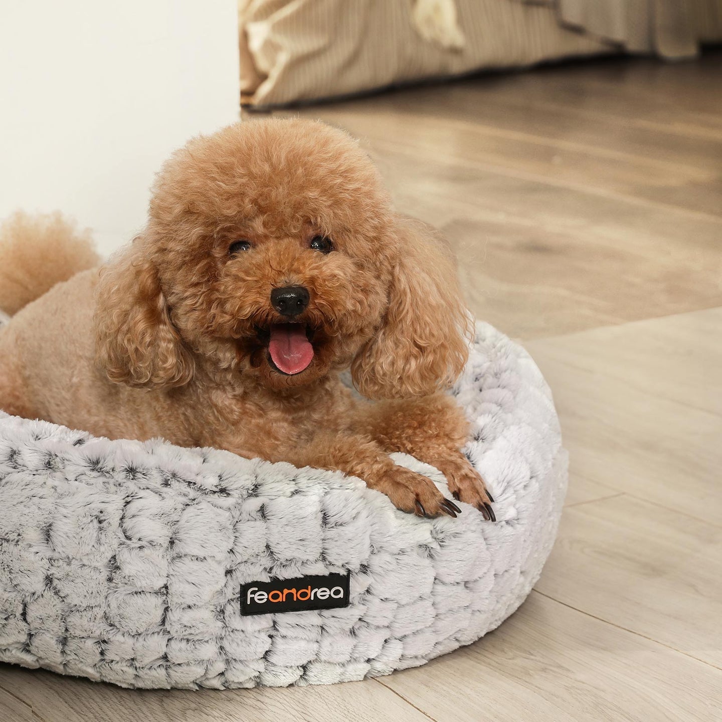 Round Plush Dog Bed - Fabric - Grey - Washable with Non-Slip Bottom