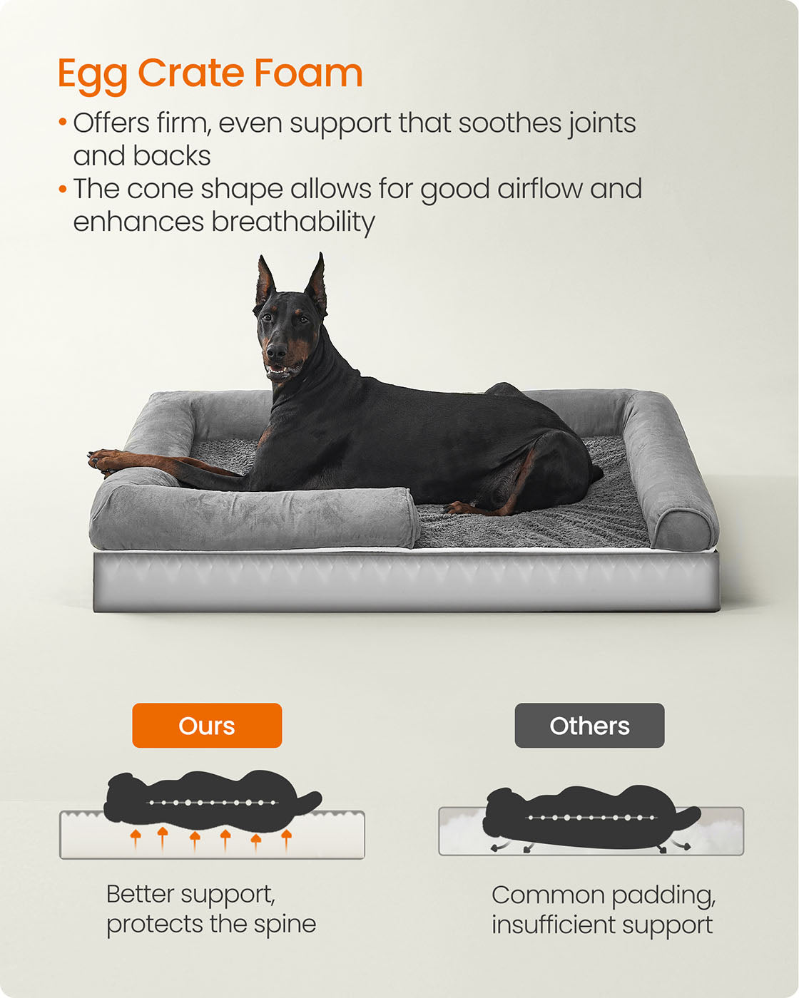 Orthopedic Dog Bed - Fabric - Light Grey - Removable Washable Cover