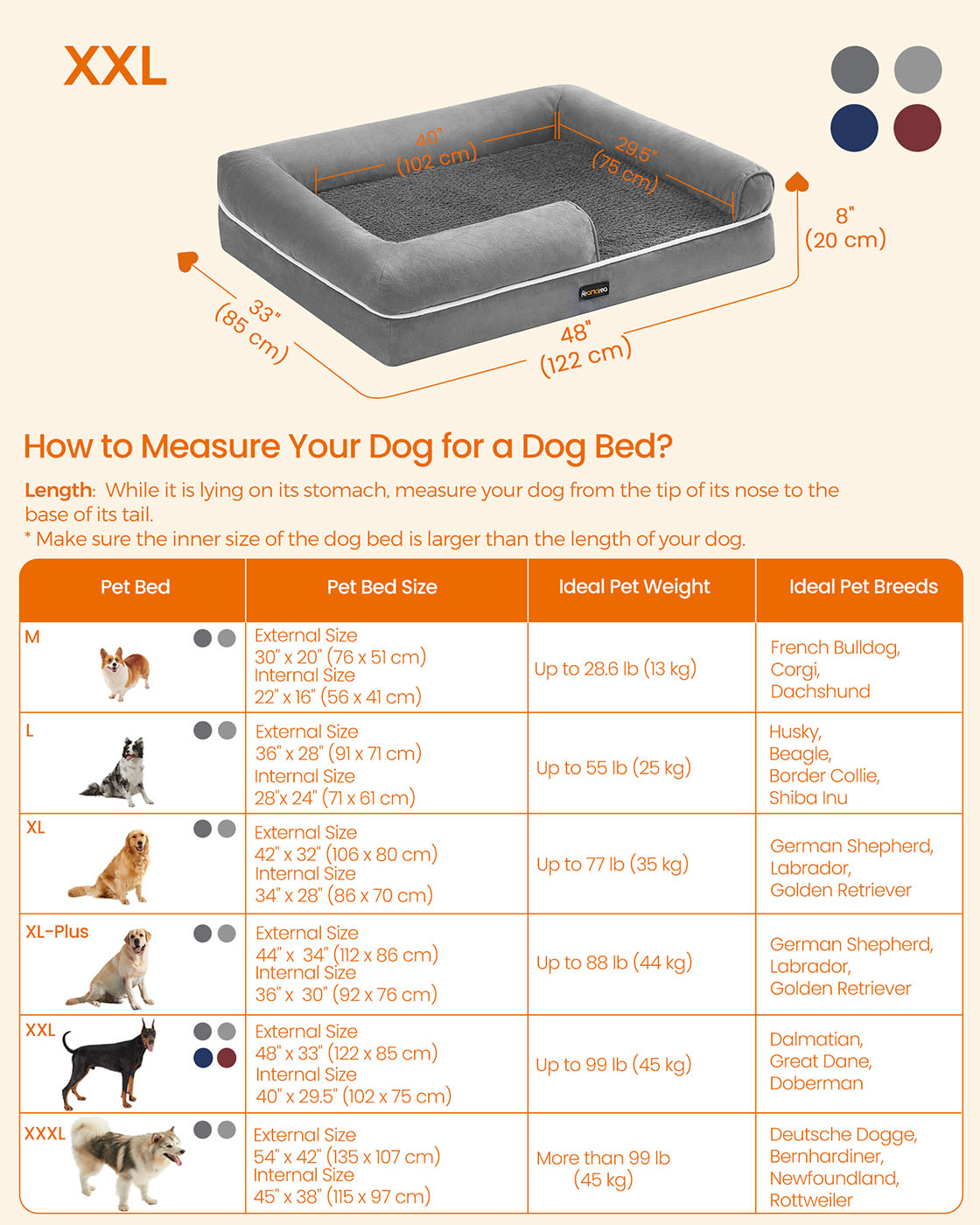 Orthopedic Dog Bed - Fabric - Light Grey - Removable Washable Cover