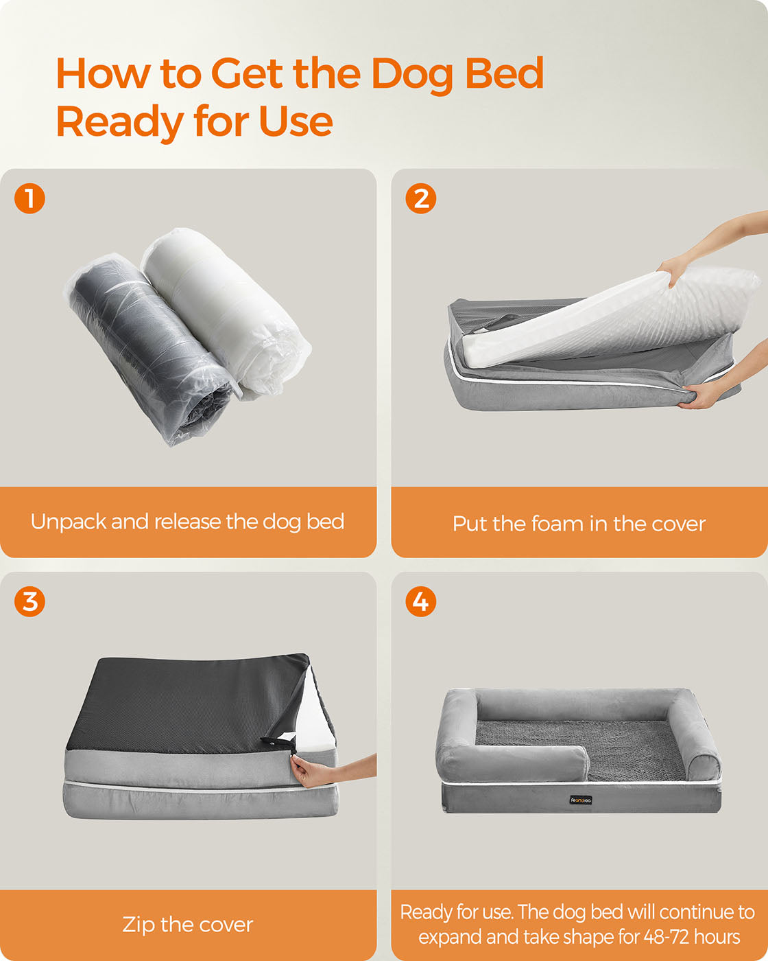 Orthopedic Dog Bed - Fabric - Light Grey - Removable Washable Cover