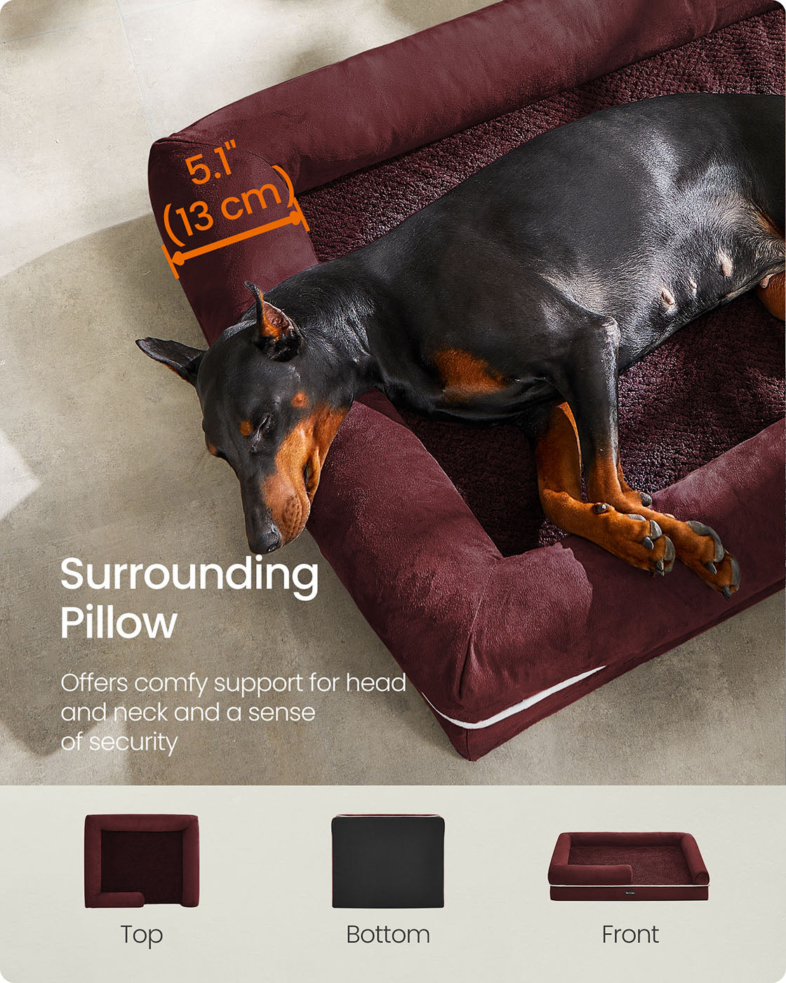 Orthopedic Dog Bed - Fabric - Berry Red - Removable Washable Cover with Non-Slip Bottom 120 x 85 x 20 cm