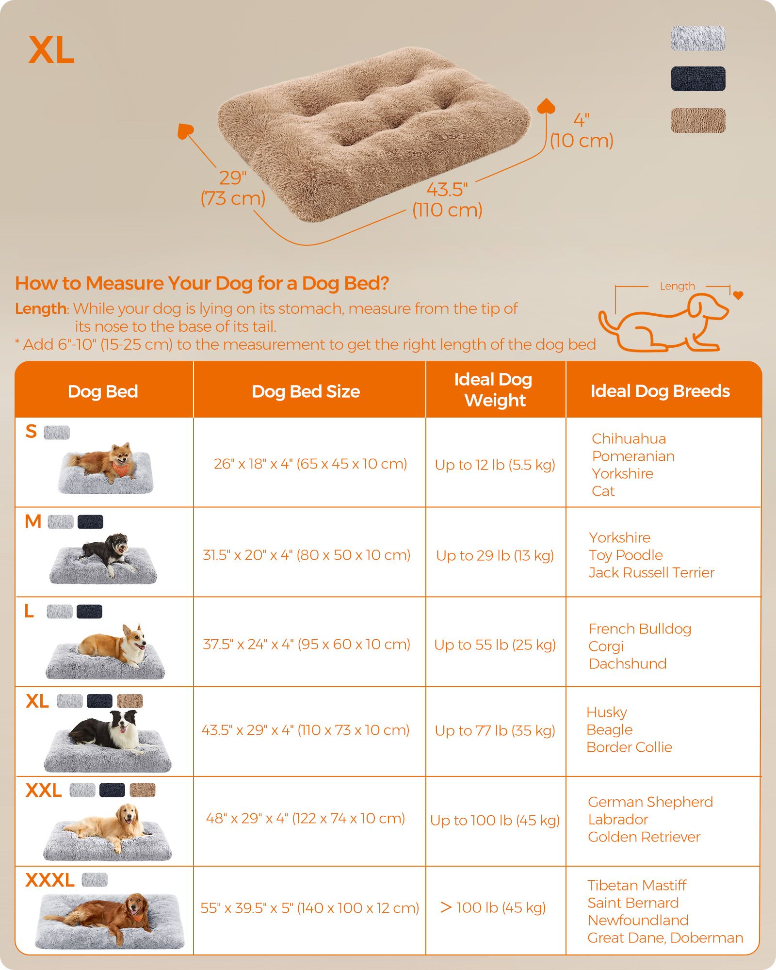 Fluffy Dog Bed - Plush Fabric - Camel Brown - Anti-Anxiety