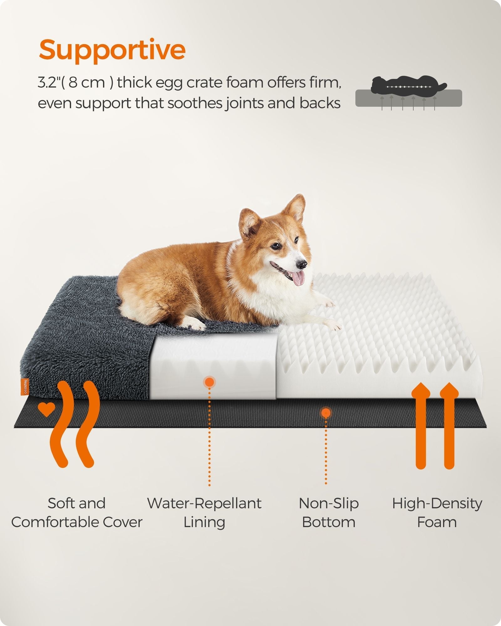 Dog Bed - Egg Crate Foam - Dark Grey - Removable Washable Cover 95 x 60 x 8 cm