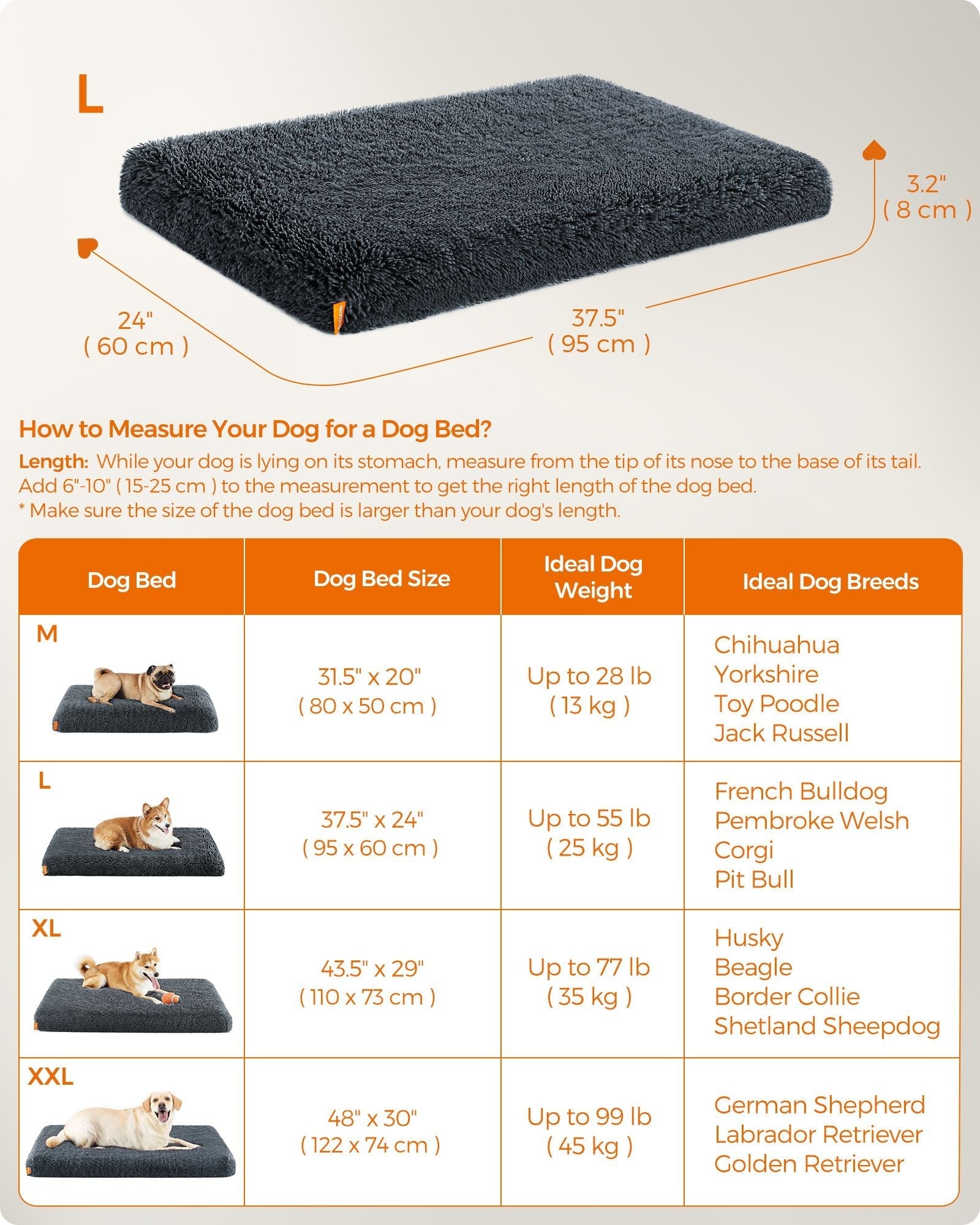 Dog Bed - Egg Crate Foam - Dark Grey - Removable Washable Cover 95 x 60 x 8 cm