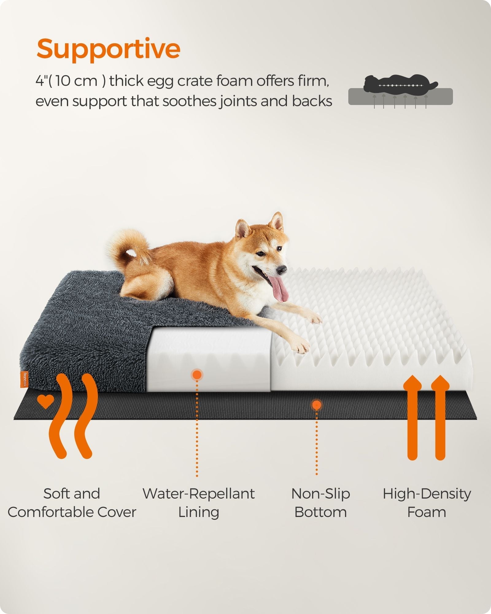 Fluffy Dog Bed - Egg Crate Foam - Dark Grey - Removable Washable Cover 110 x 73 x 10 cm