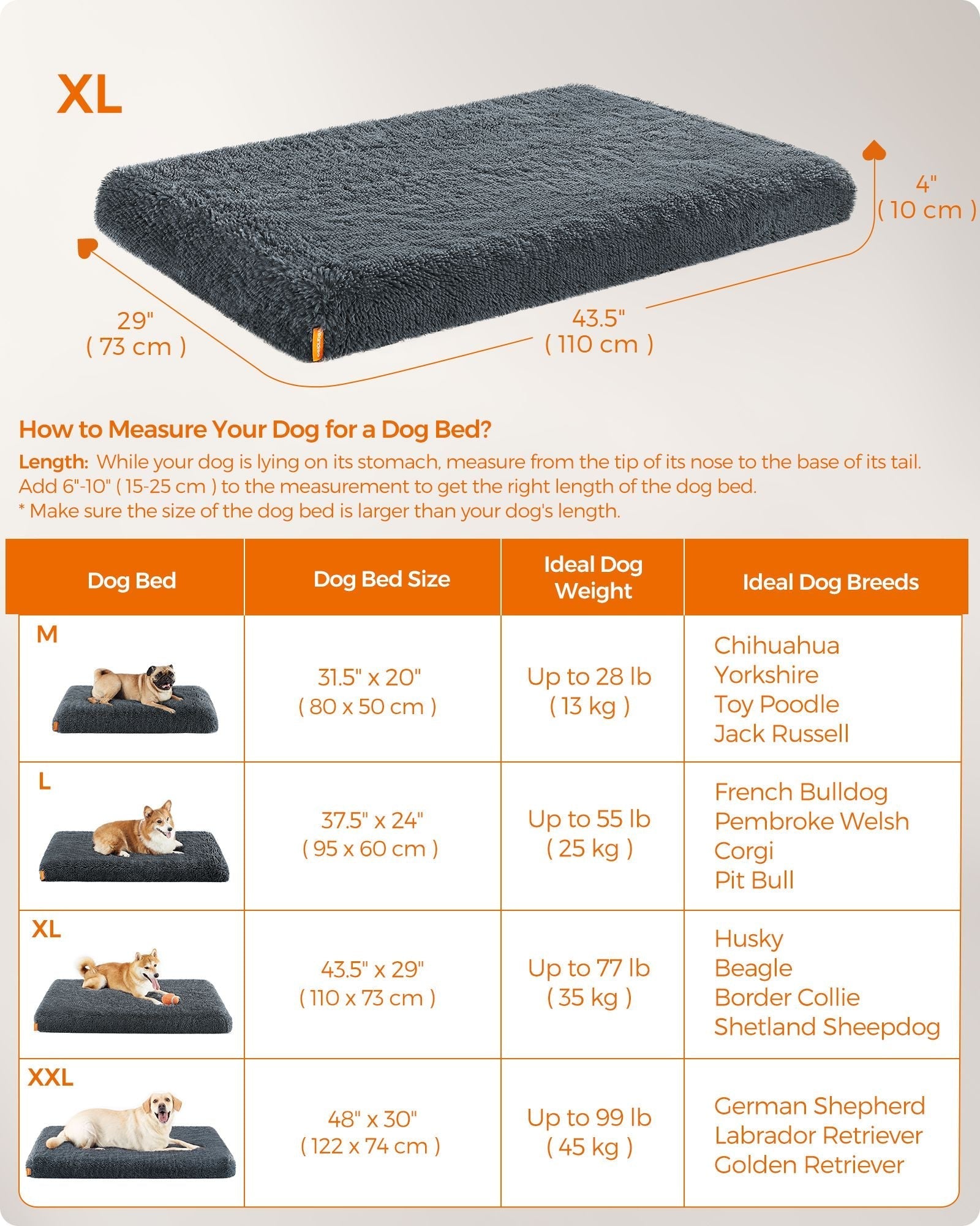 Fluffy Dog Bed - Egg Crate Foam - Dark Grey - Removable Washable Cover 110 x 73 x 10 cm