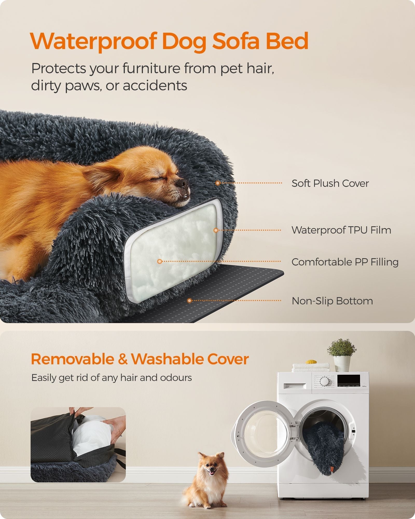 Dog Sofa Bed - Plush Fabric - Dark Grey - Calming Design for Large Dogs