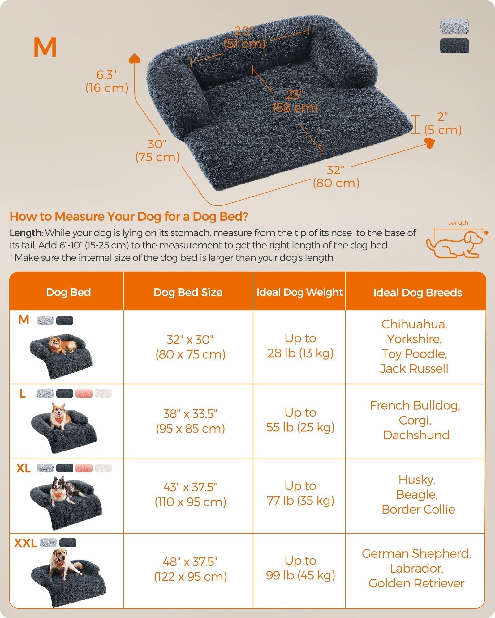 Dog Sofa Bed - Plush Fabric - Dark Grey - Calming Design for Large Dogs