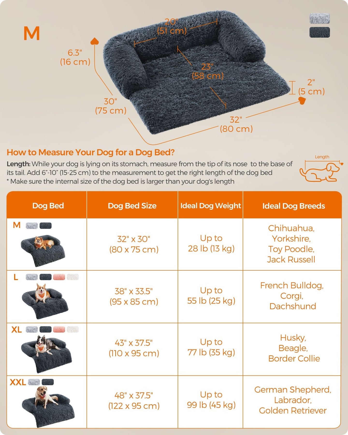 Dog Sofa Bed - Plush Fabric - Dark Grey - Calming Design for Large Dogs