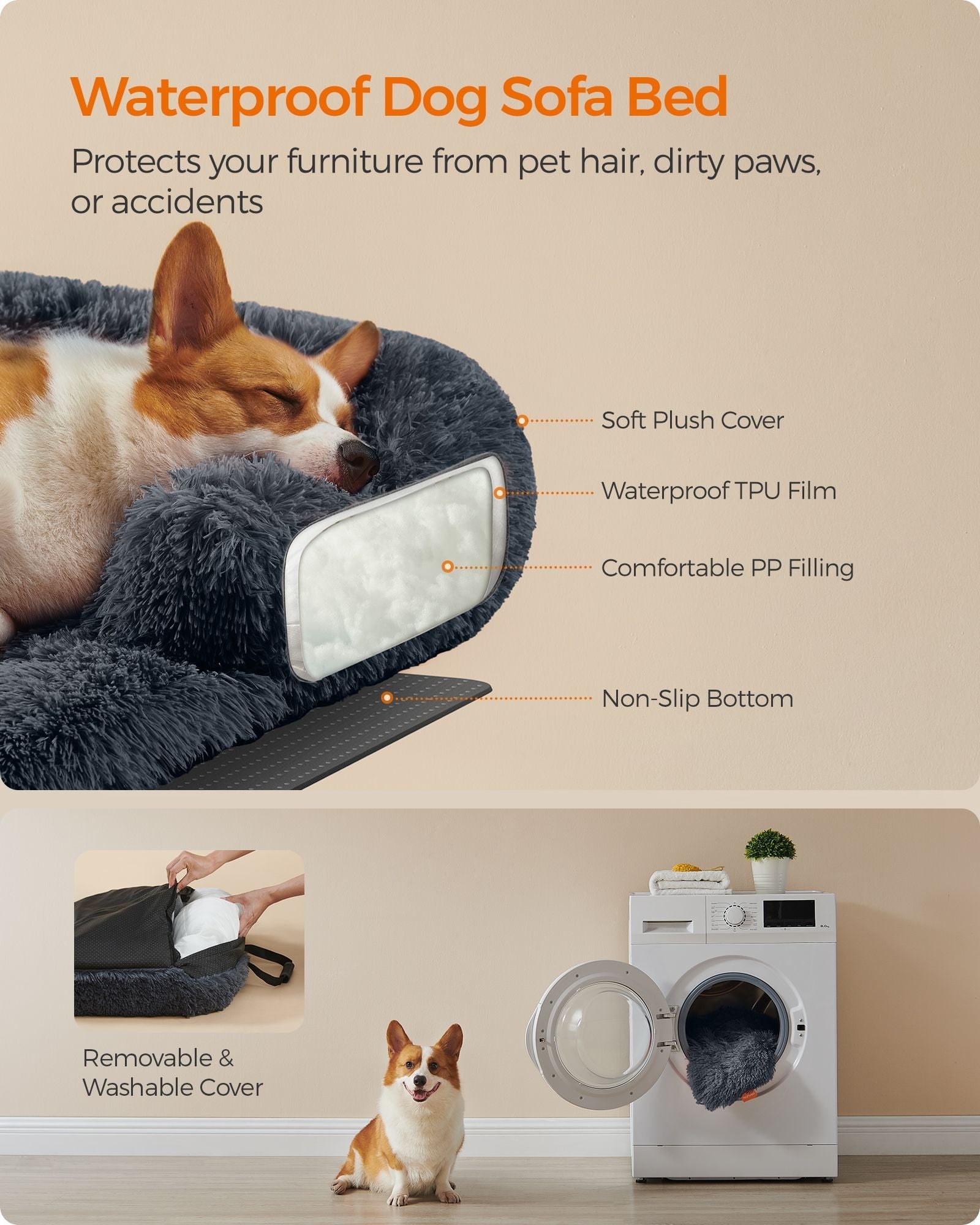 Dog Sofa Bed - Plush Fabric - Dark Grey - Calming Design for Large Dogs
