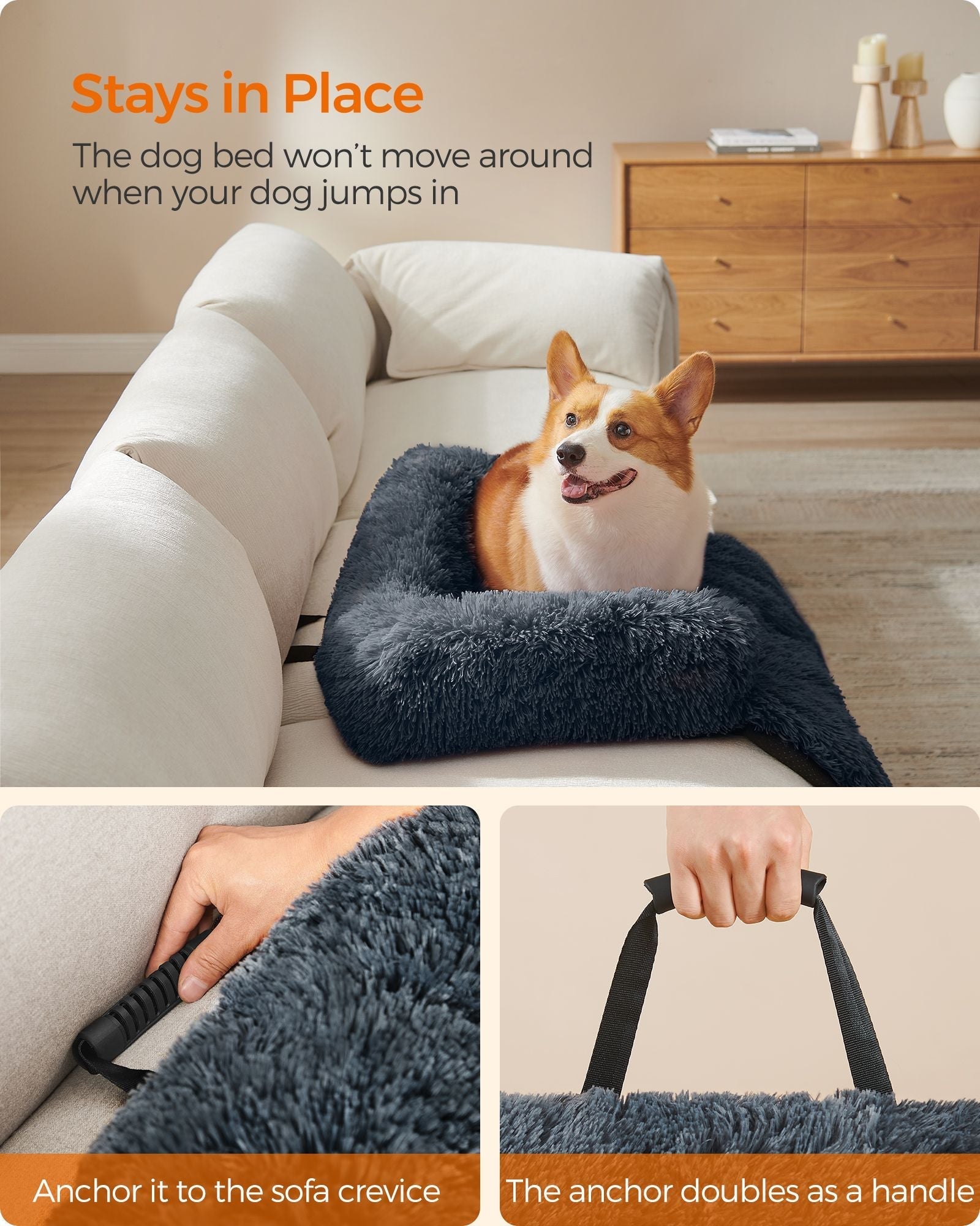 Dog Sofa Bed - Plush Fabric - Dark Grey - Calming Design for Large Dogs