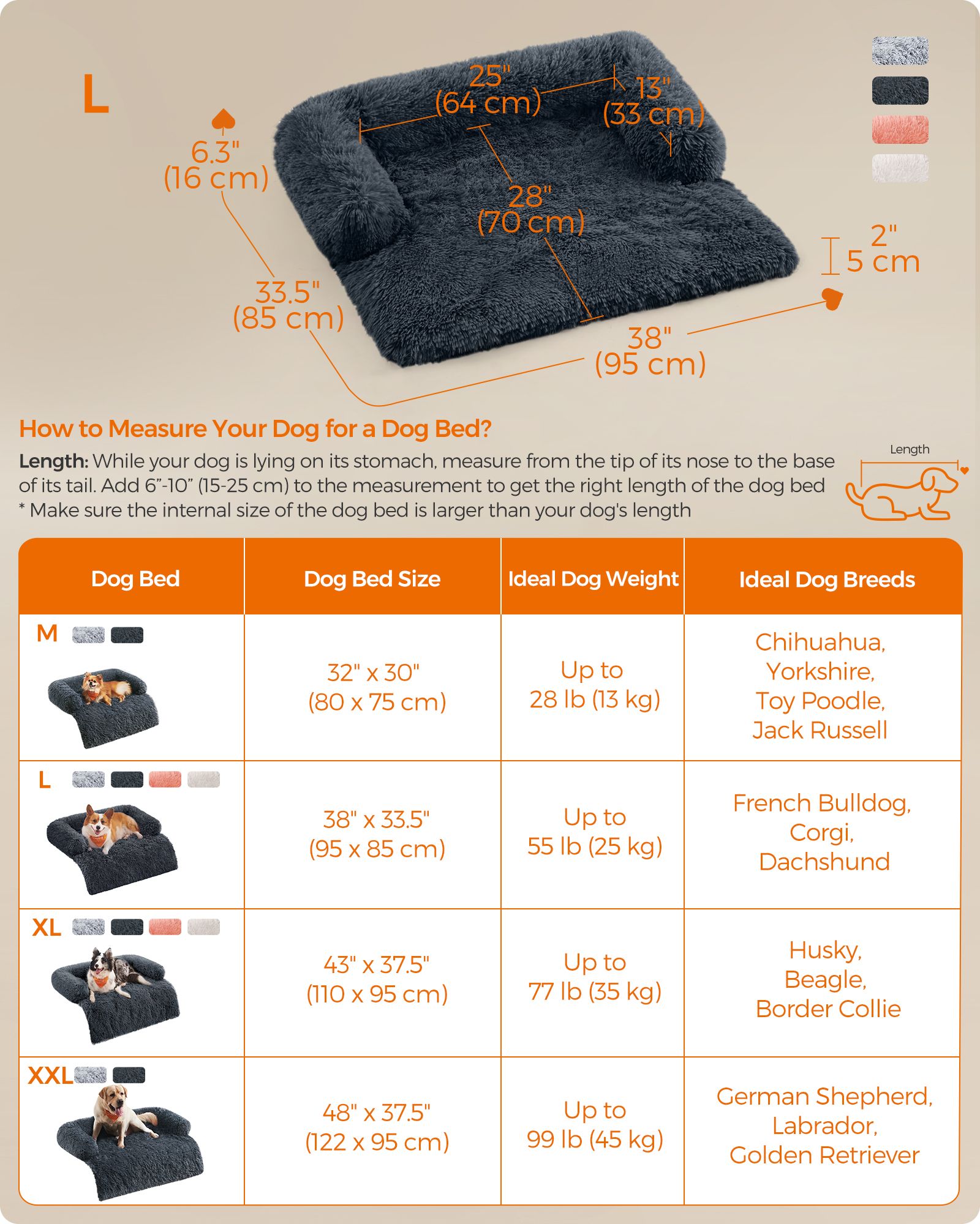 Dog Sofa Bed - Plush Fabric - Dark Grey - Calming Design for Large Dogs