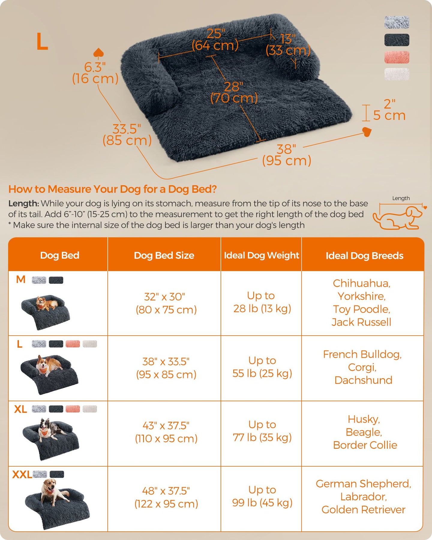 Dog Sofa Bed - Plush Fabric - Dark Grey - Calming Design for Large Dogs