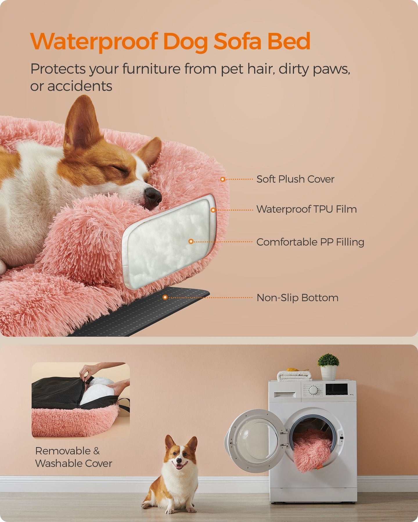 Dog Sofa Bed - Fluffy Fabric - Pink - Medium Size for Comfort