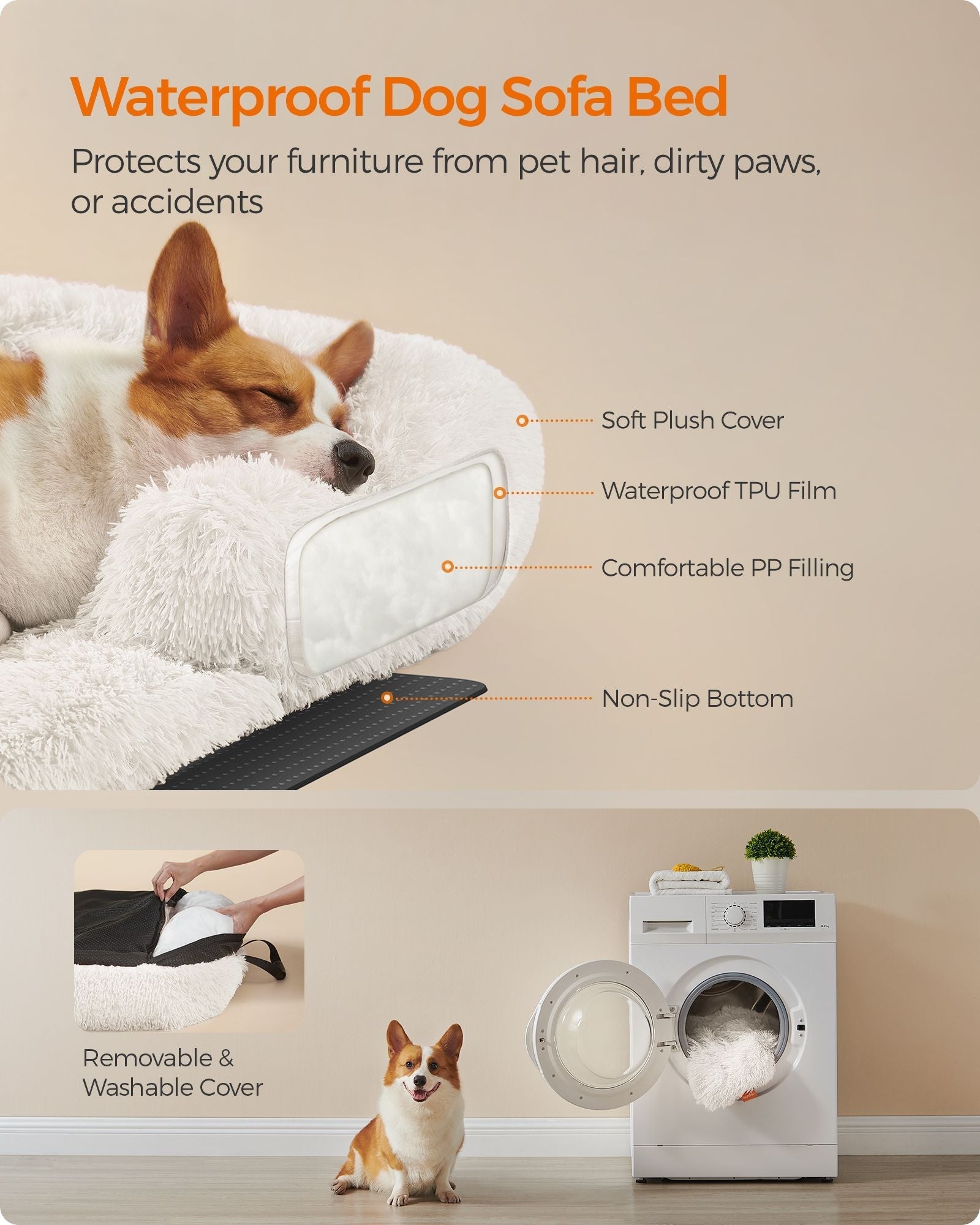 Dog Sofa Bed - Fabric - Cloud White - Calming Design for Medium Dogs
