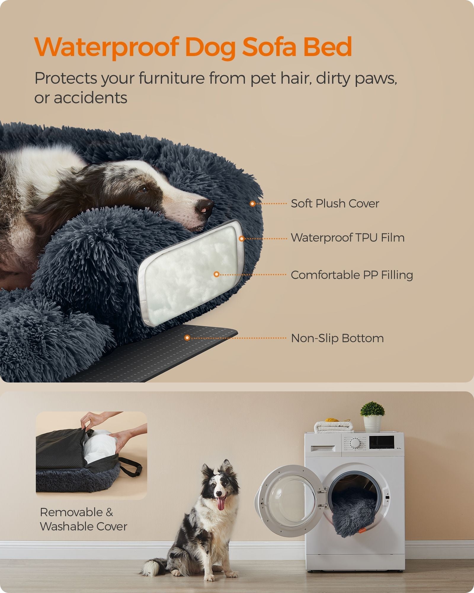 Dog Sofa Bed - Dark Grey - Faux Fur