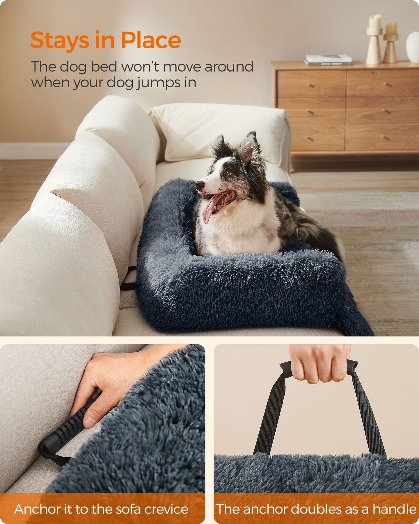 Dog Sofa Bed - Dark Grey - Faux Fur