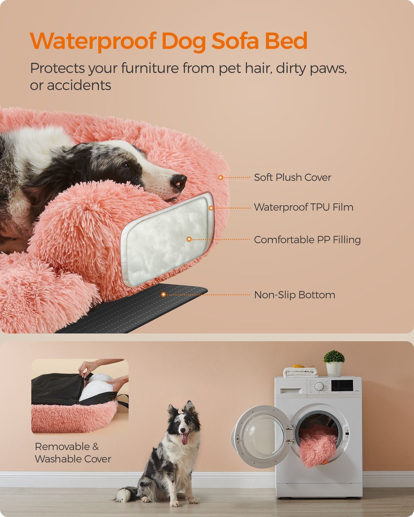 Dog Sofa Bed - Fluffy Fabric - Pink - Calming Design for Medium Dogs
