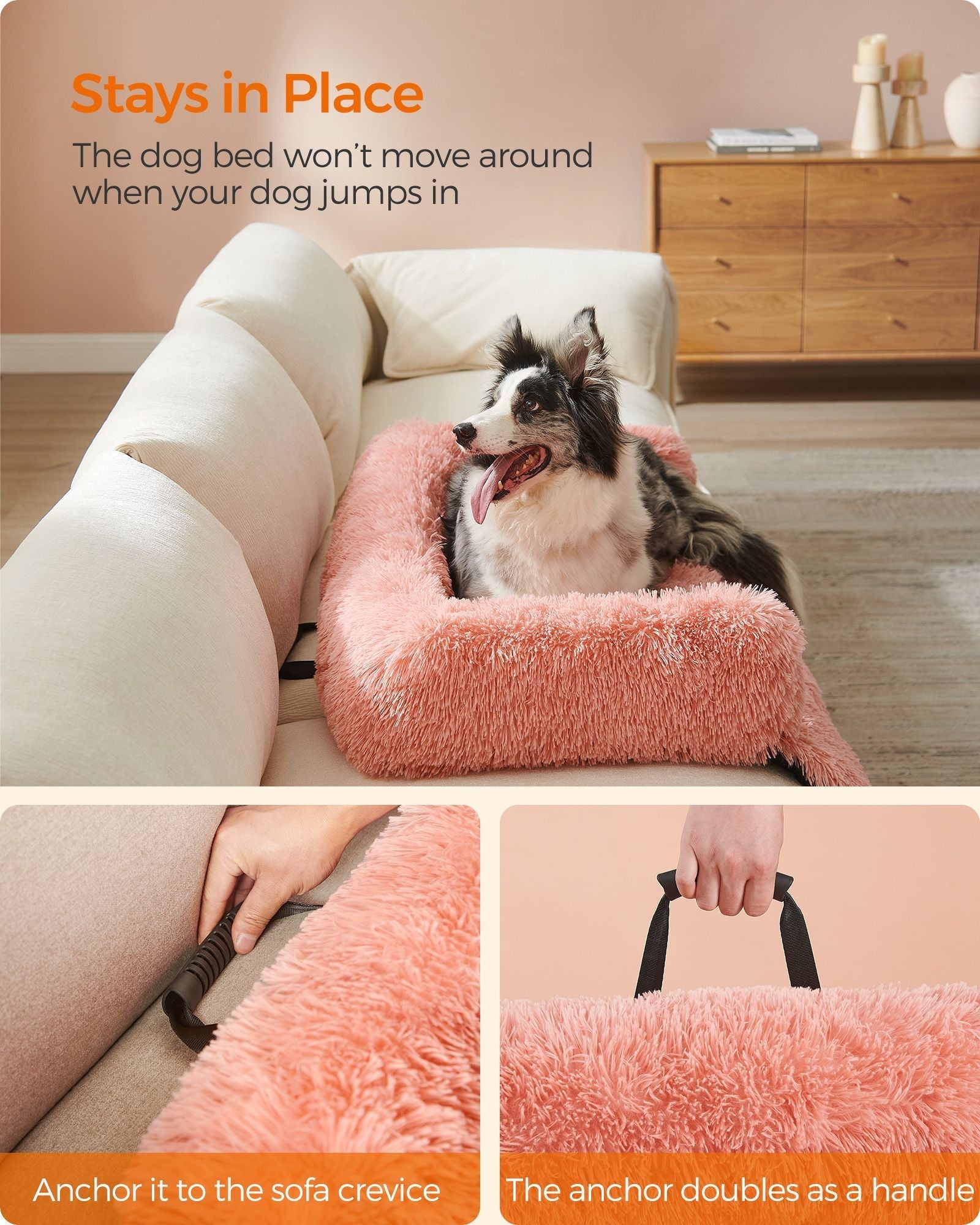 Dog Sofa Bed - Fluffy Fabric - Pink - Calming Design for Medium Dogs