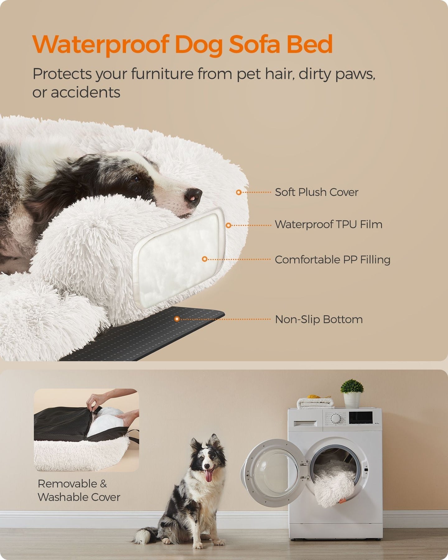Dog Sofa Bed - Fabric - Cloud White - Fluffy Calming Design for Medium Dogs