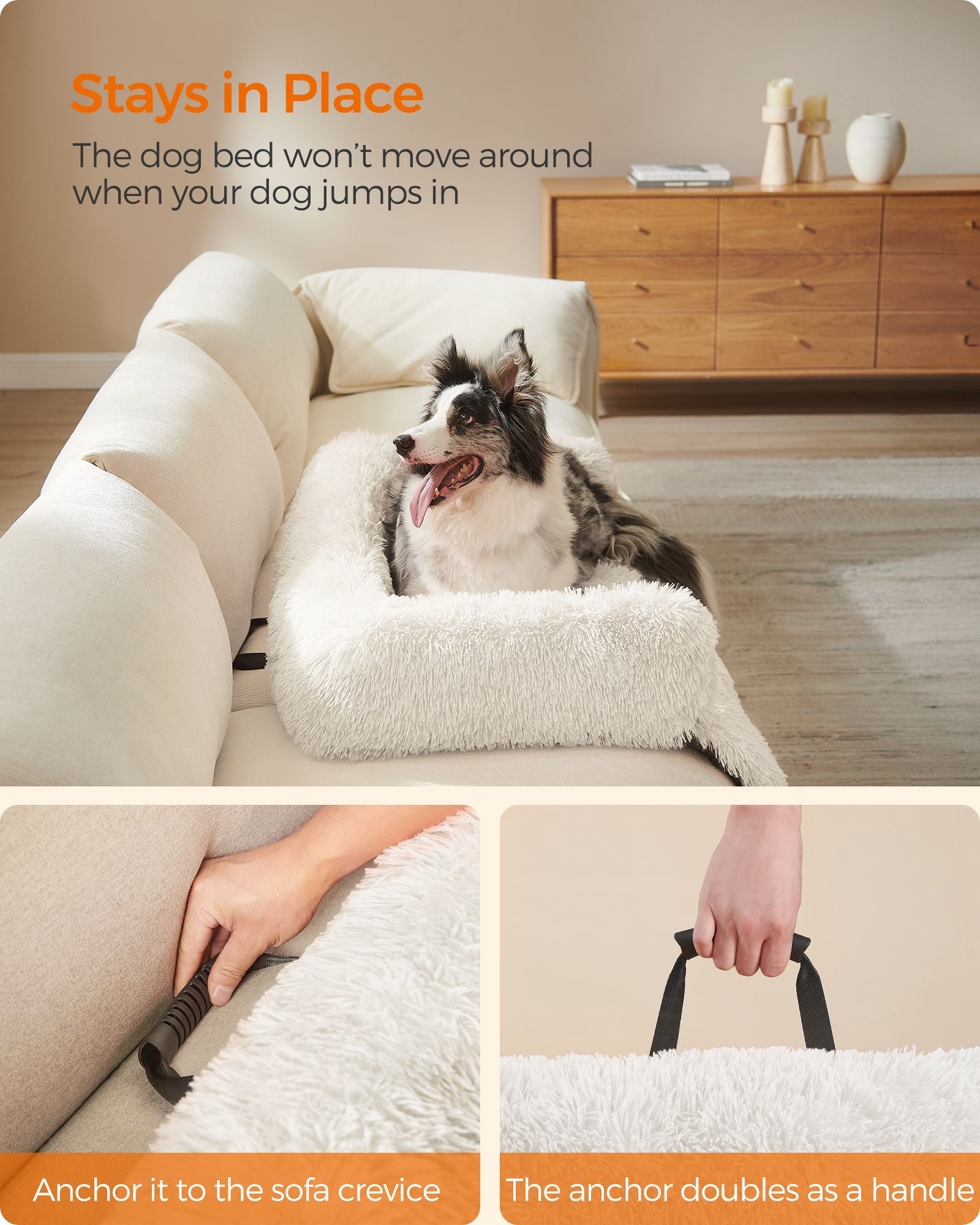 Dog Sofa Bed - Fabric - Cloud White - Fluffy Calming Design for Medium Dogs