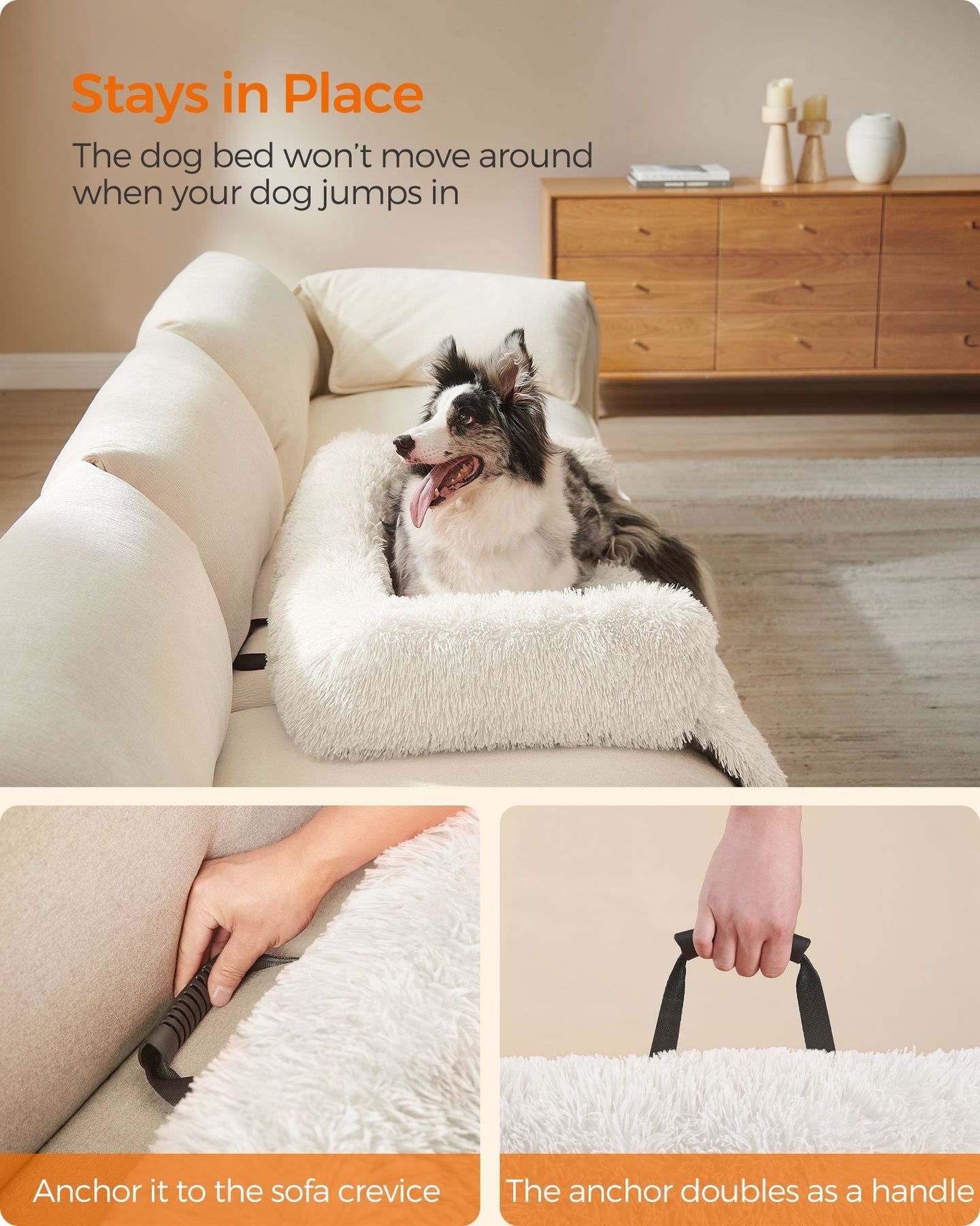 Dog Sofa Bed - Fabric - Cloud White - Fluffy Calming Design for Medium Dogs