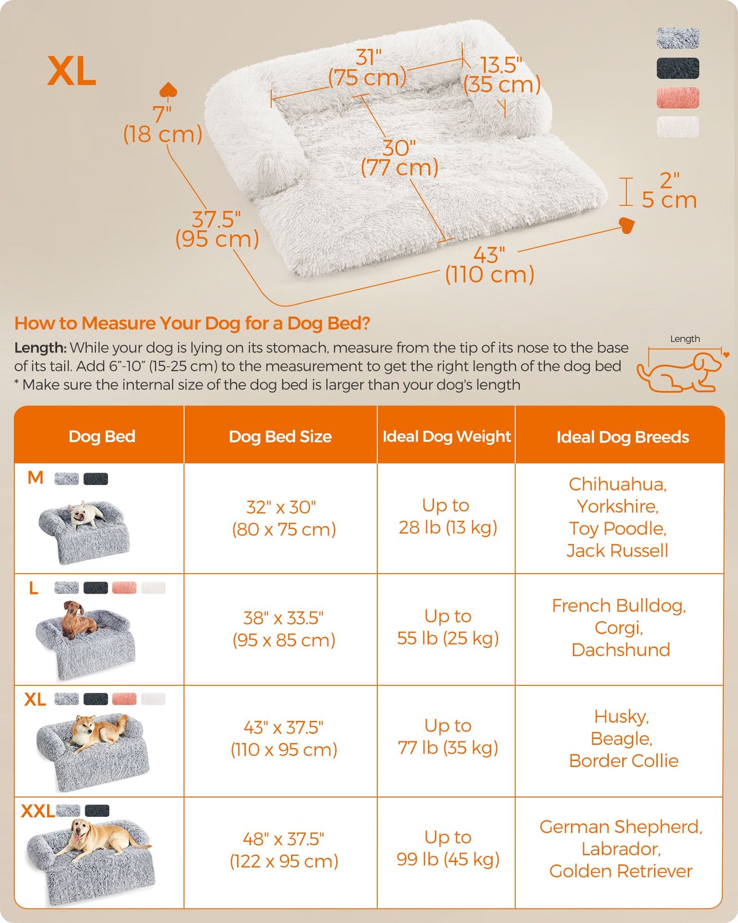 Dog Sofa Bed - Fabric - Cloud White - Fluffy Calming Design for Medium Dogs