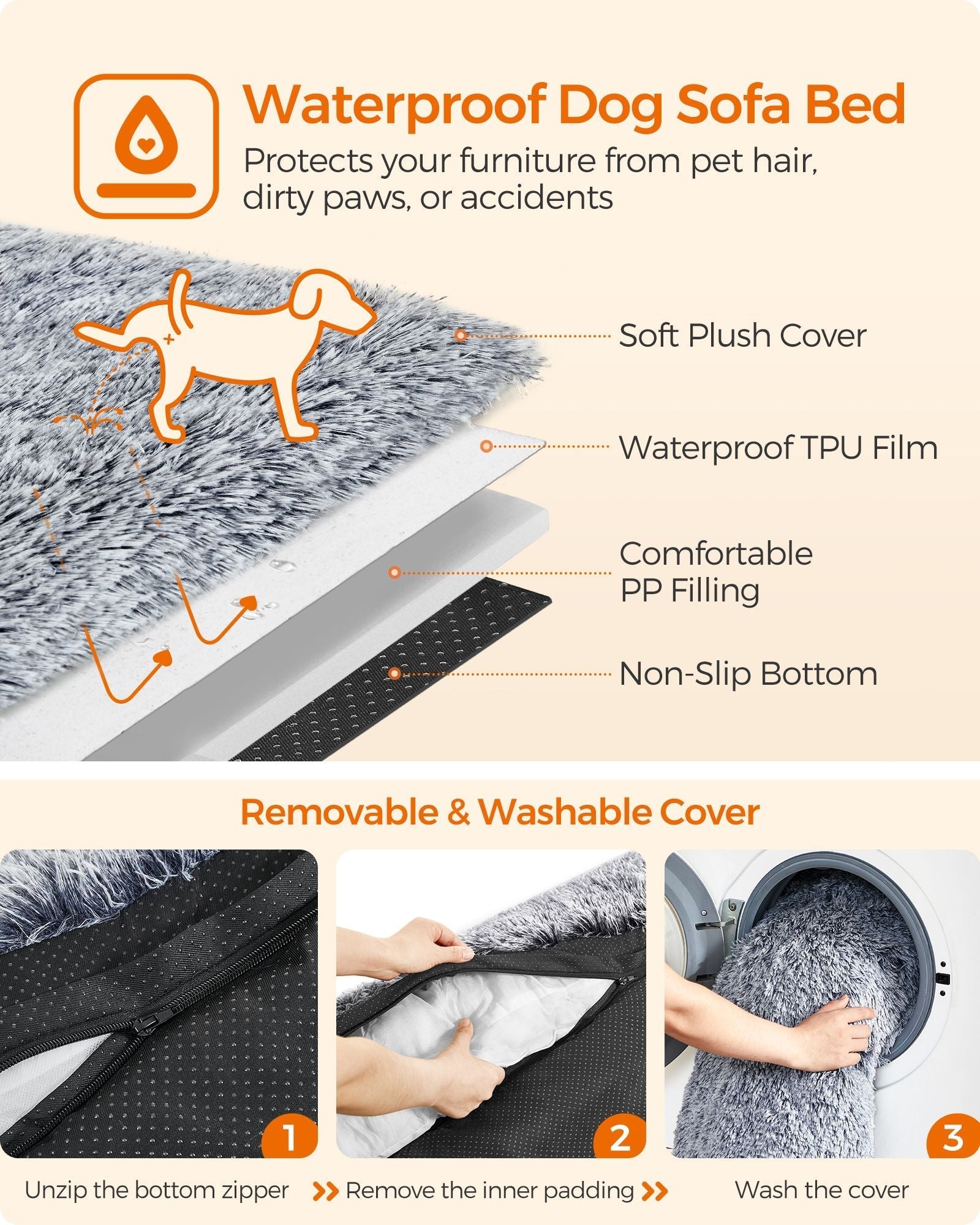 Dog Sofa Bed - Fabric - Grey - Calming Design for Large Dogs