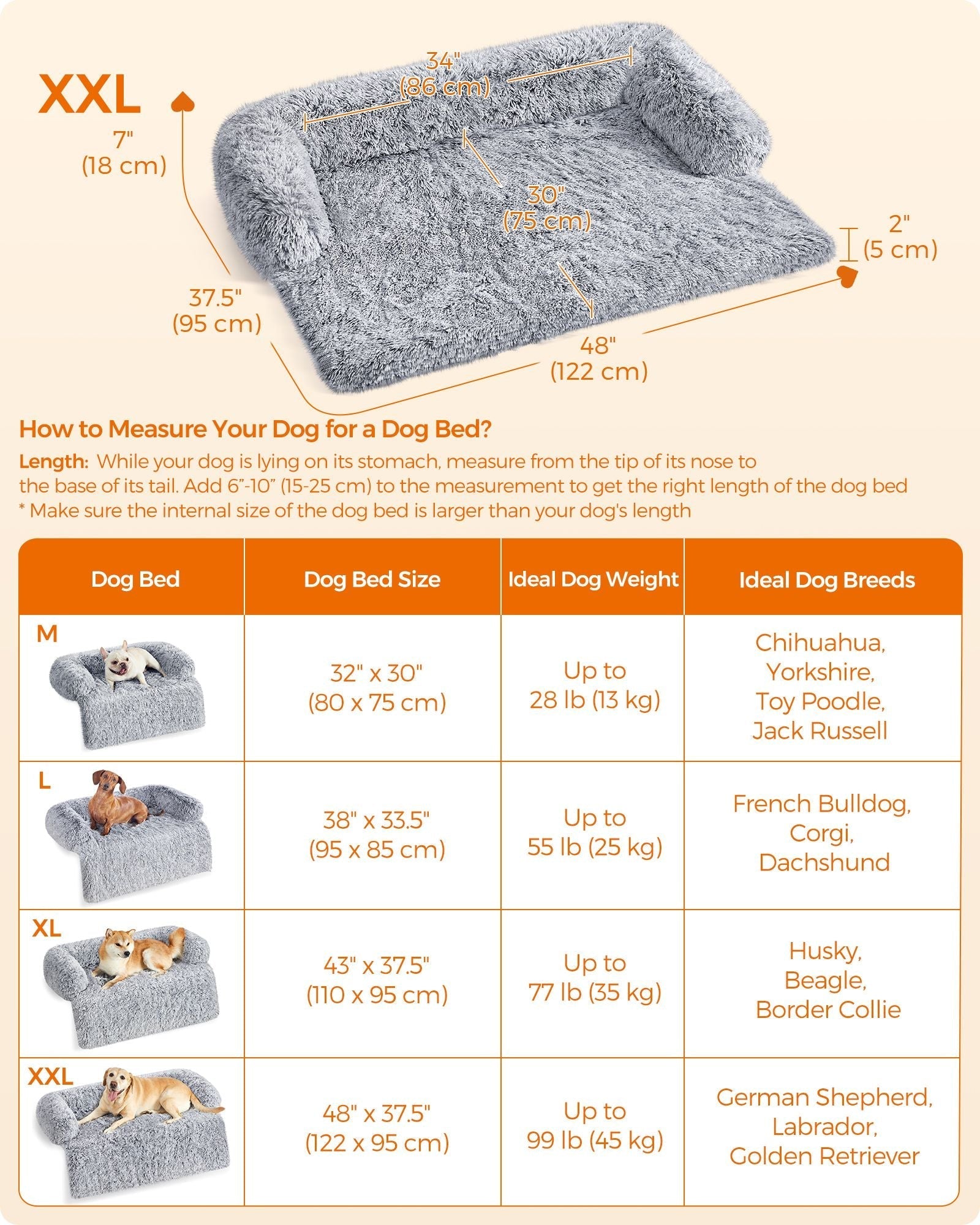 Dog Sofa Bed - Fabric - Grey - Calming Design for Large Dogs