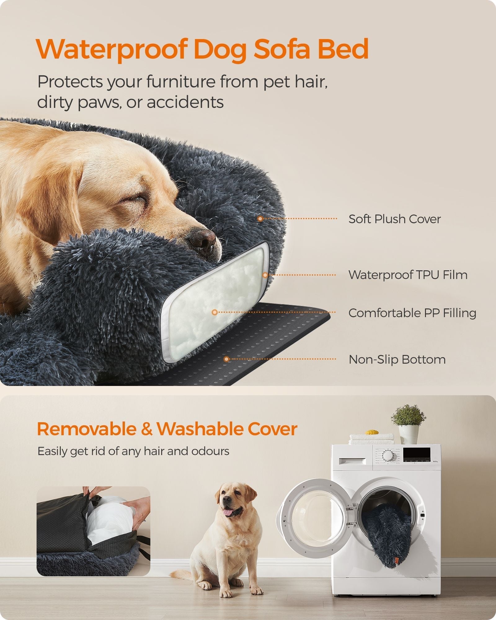 Dog Sofa Bed - Fabric - Dark Grey - XXL Size for Large Dogs