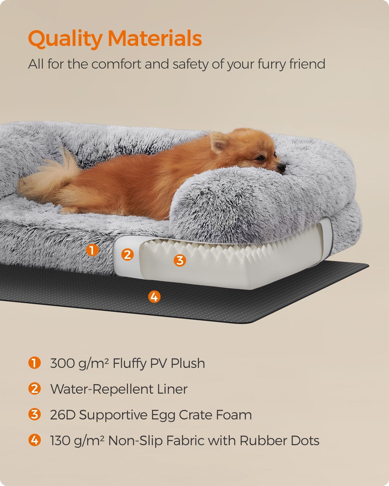 Dog Bed - Egg Crate Foam - Soft Grey - Removable Washable Cover