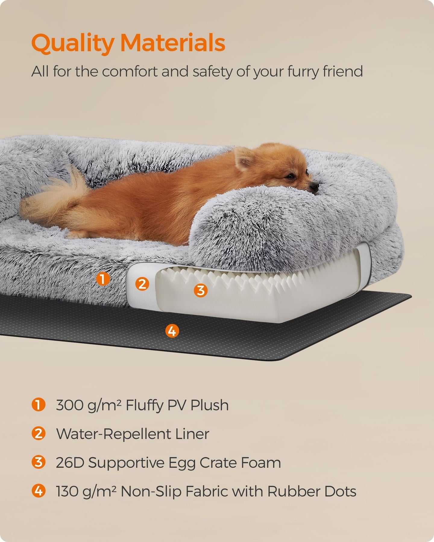 Dog Bed - Egg Crate Foam - Soft Grey - Removable Washable Cover