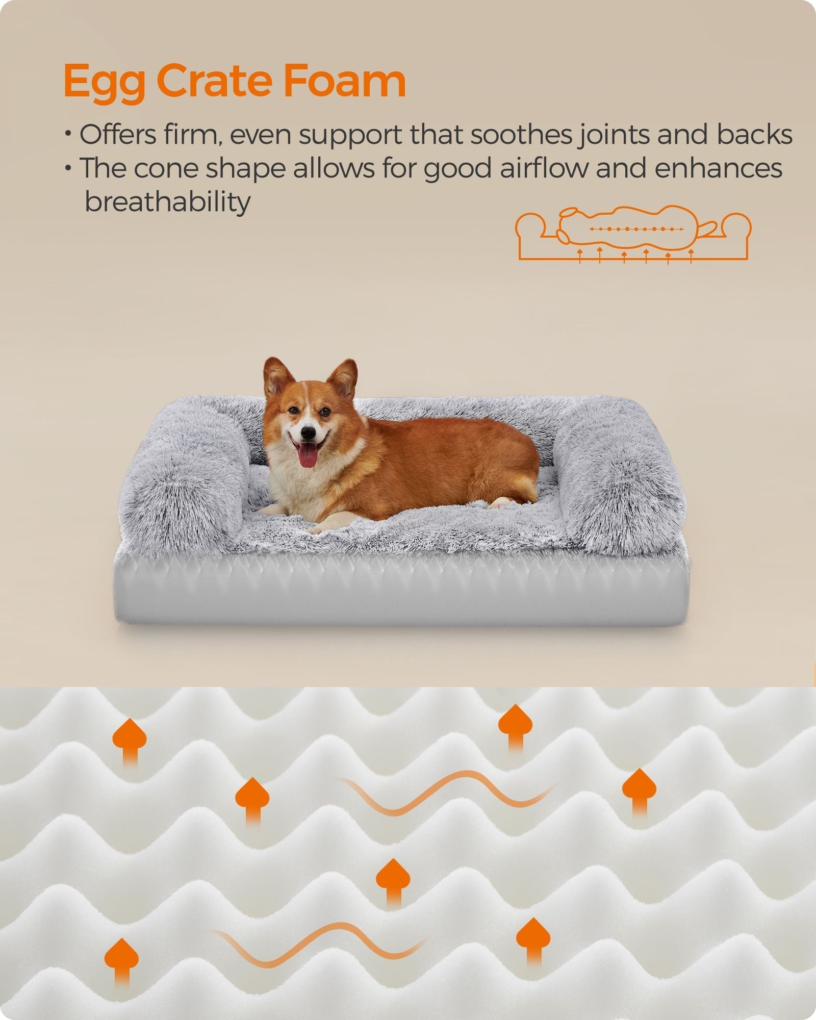 Dog Bed - Egg Crate Foam - Soft Grey - Removable Washable Cover