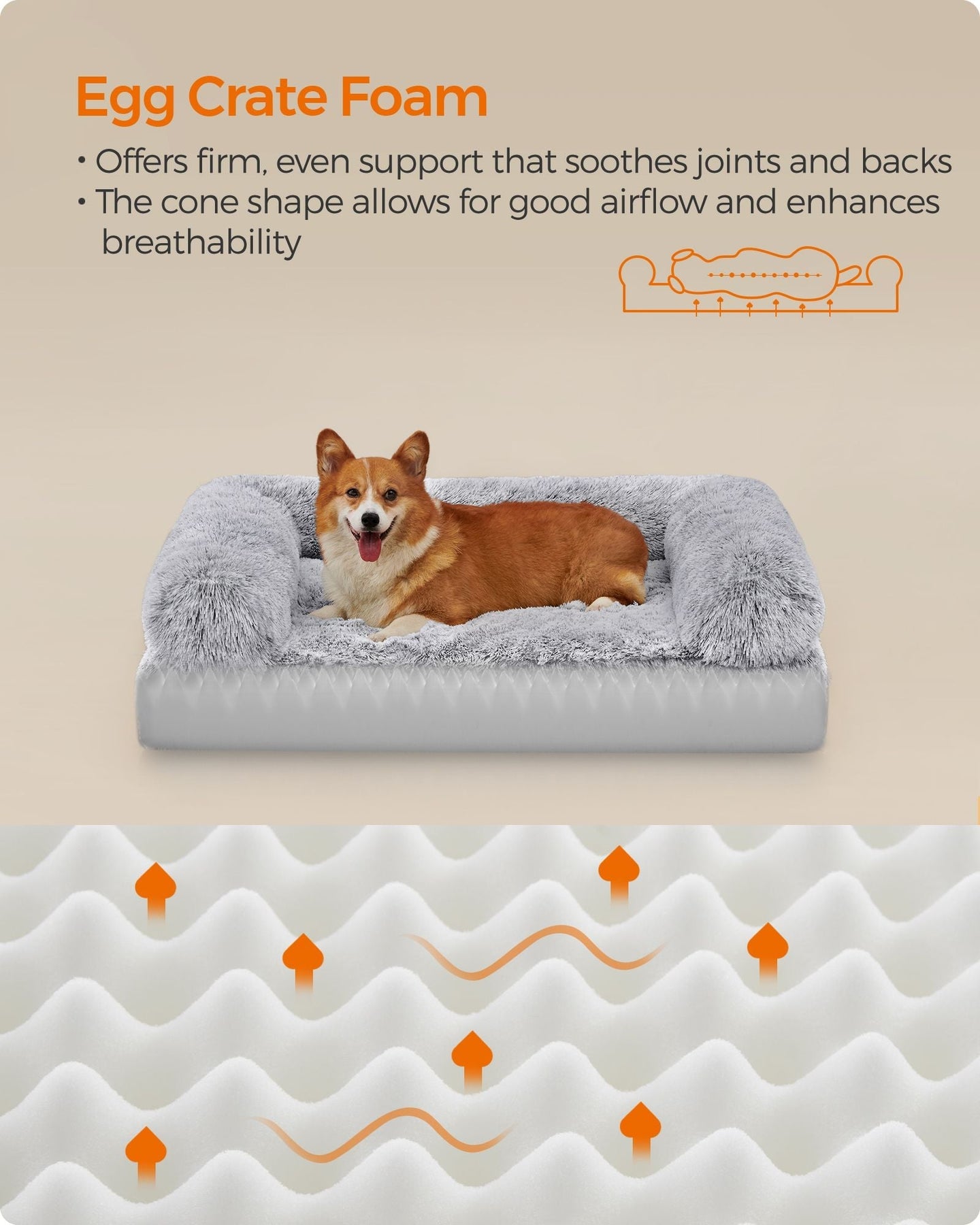 Dog Bed - Egg Crate Foam - Soft Grey - Removable Washable Cover