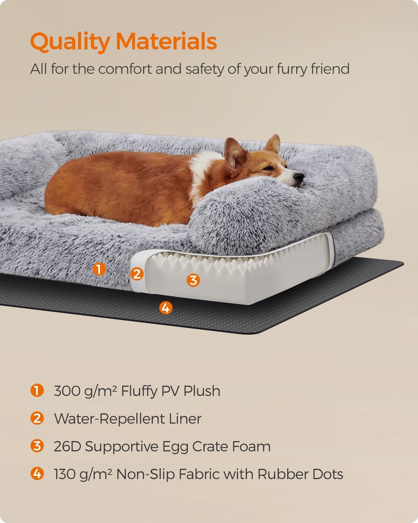 Dog Bed - Egg Crate Foam - Soft Grey - Removable Washable Cover