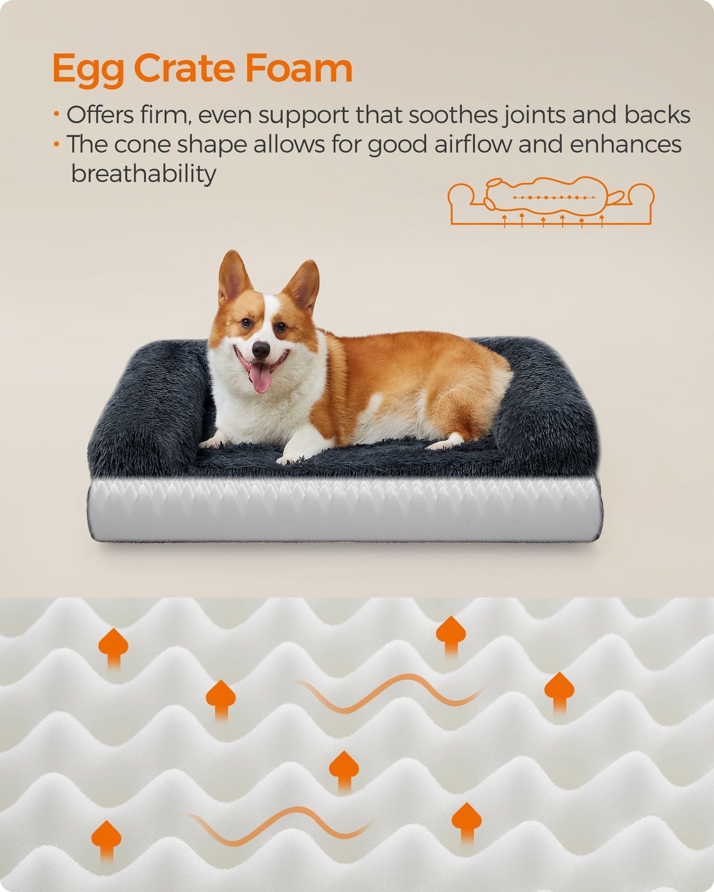 Large Dog Sofa Bed - Egg Crate Foam - Dark Grey - Removable Washable Cover